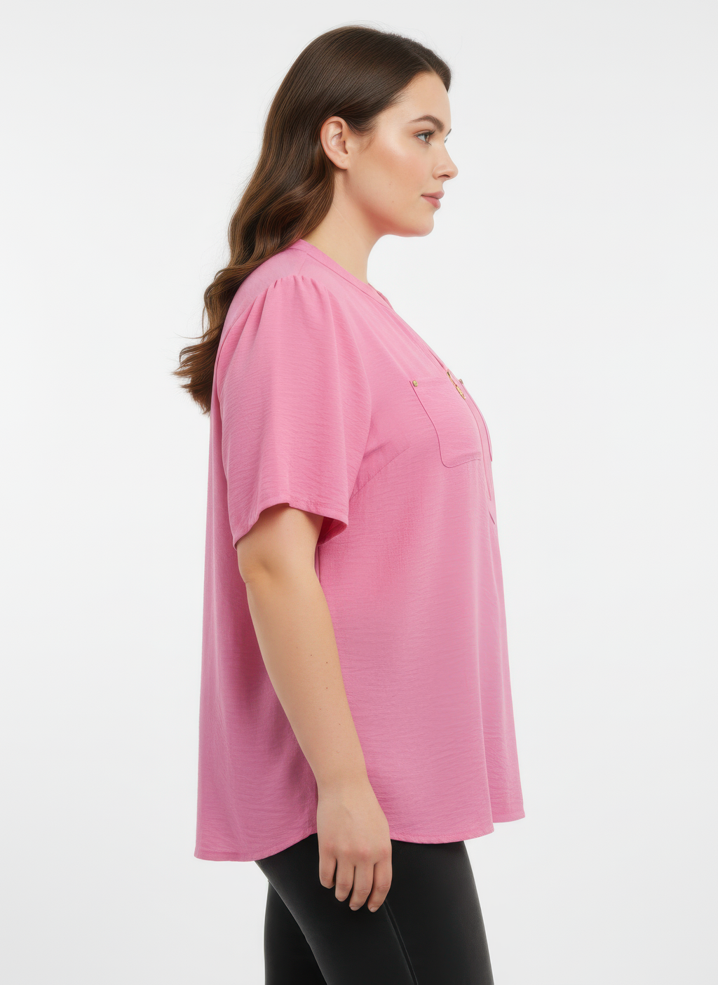 Pink zip-front utility knit top with short sleeves and chest pocket