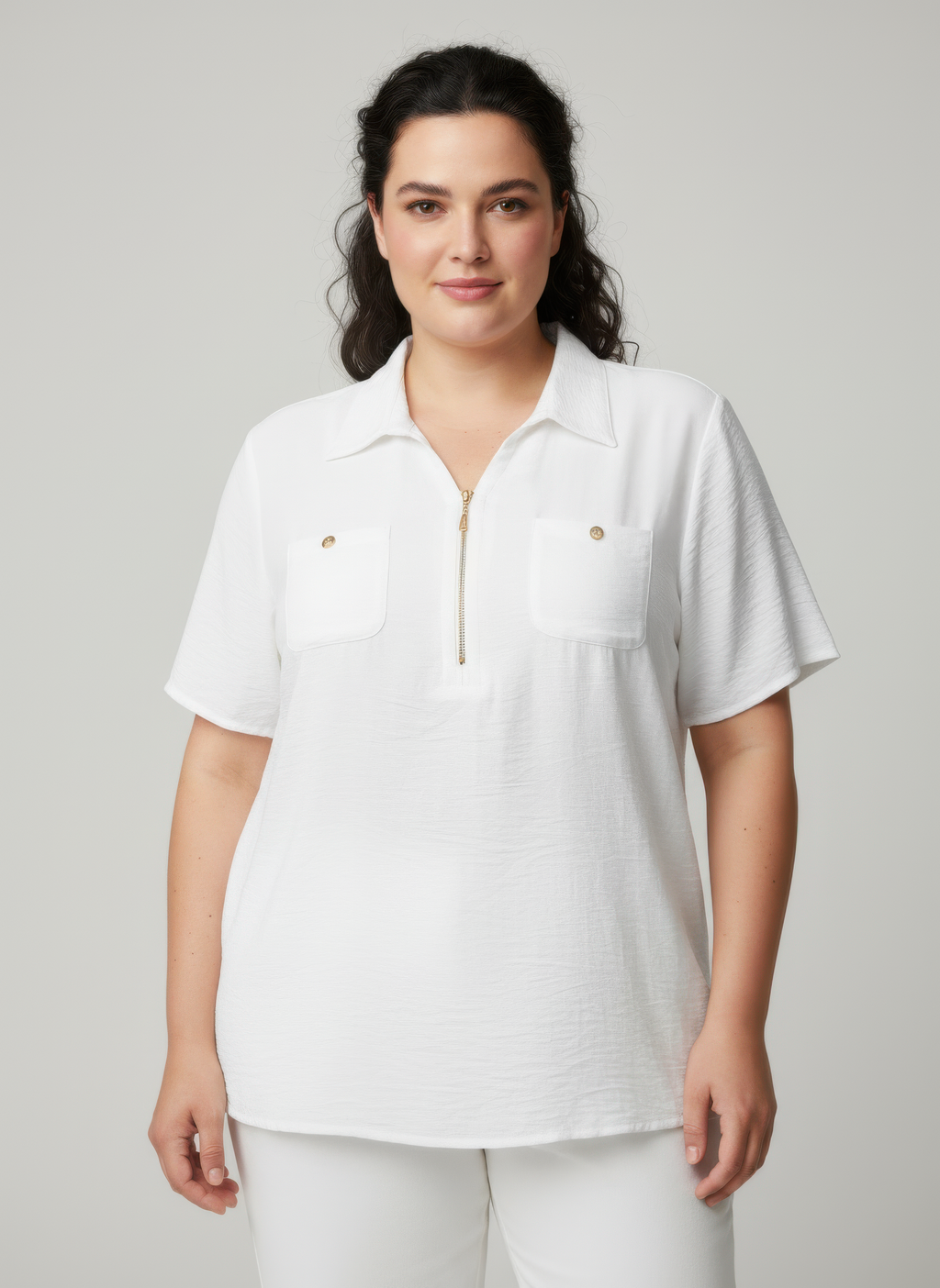 Zip-front Collared Utility Knit Top - Tigbul's Variety Fashion Shop