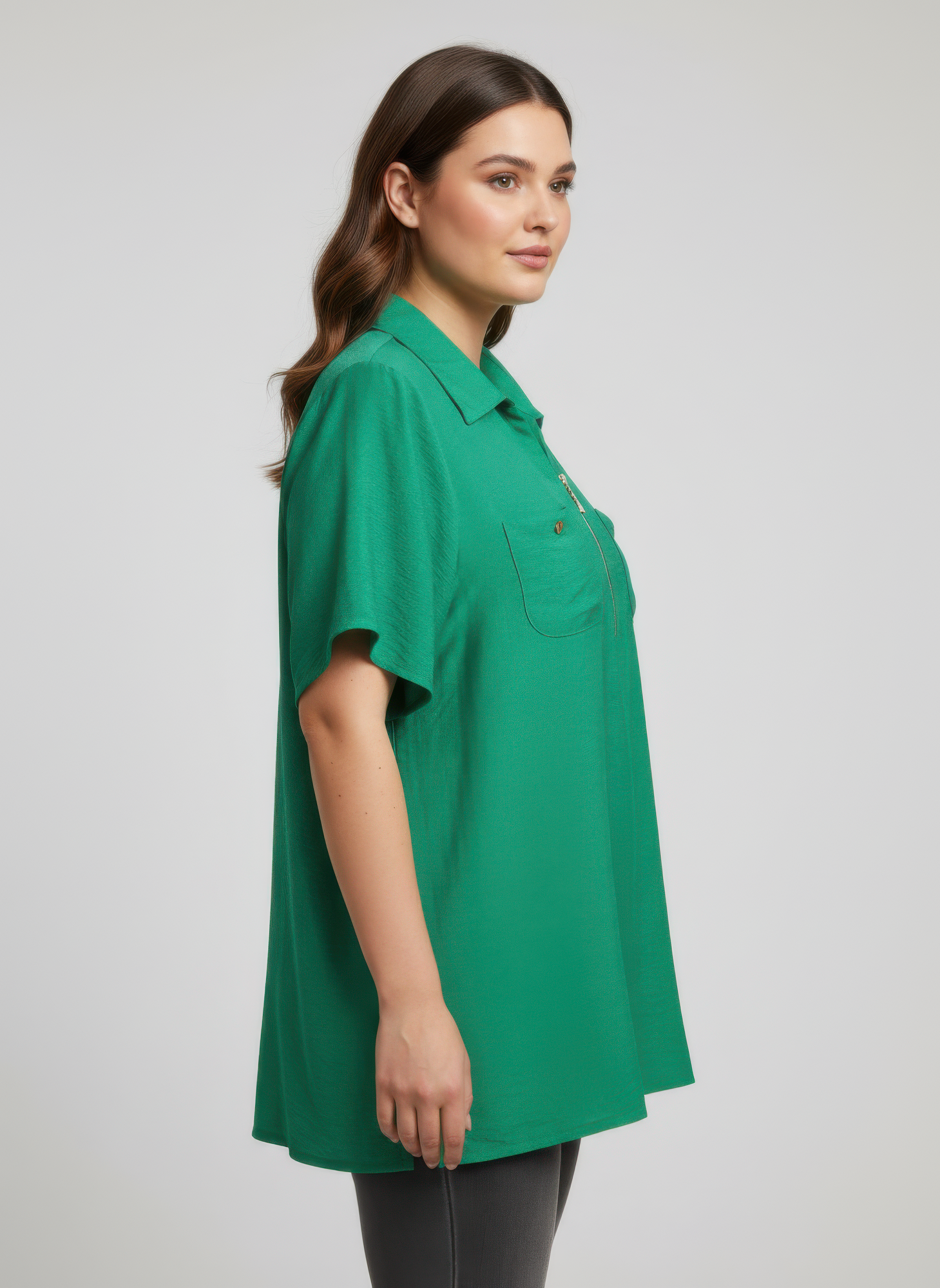 Green utility knit tunic top with collared neckline, zip placket, short sleeves