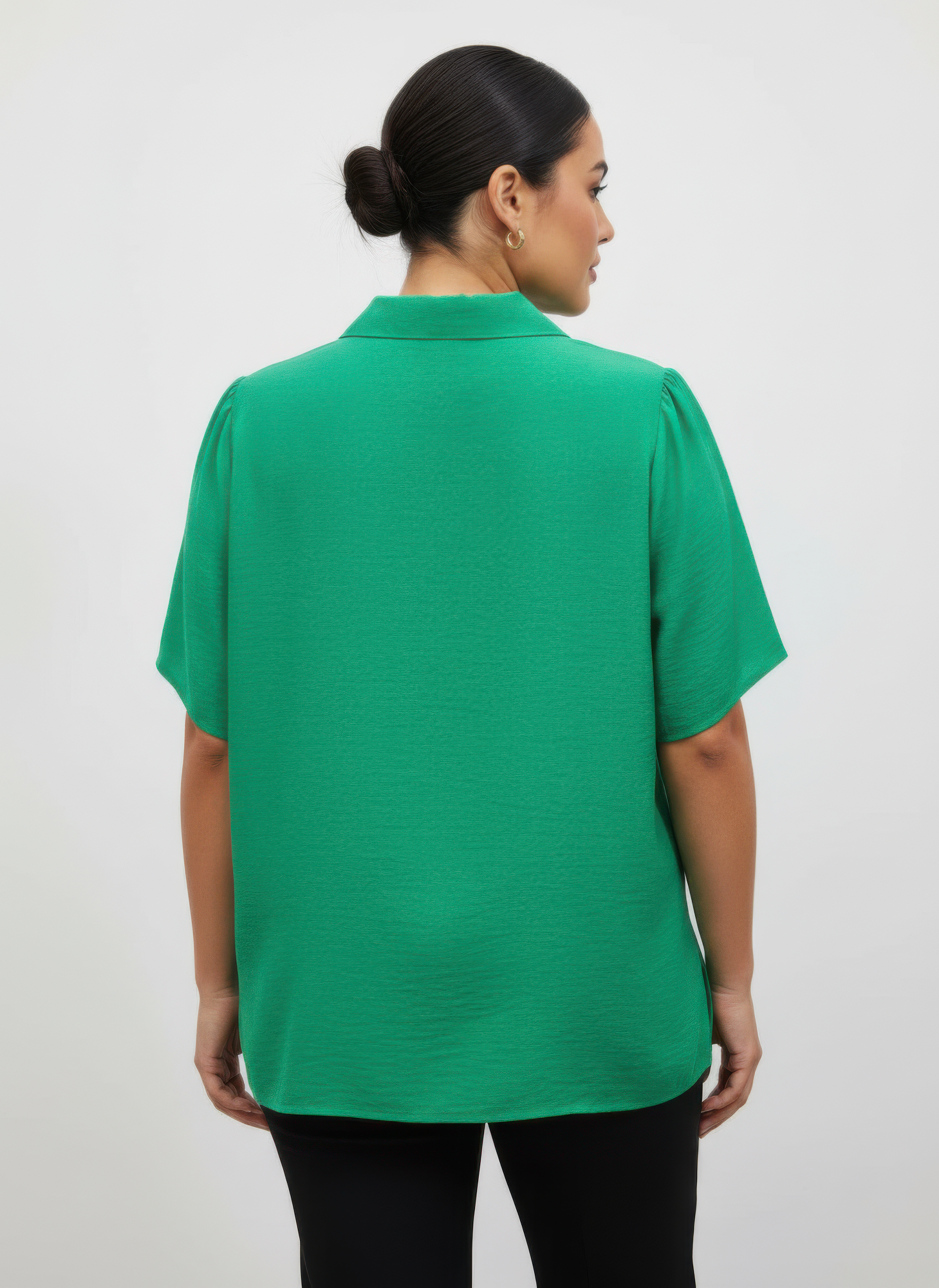 Green back view utility knit top with stand collar and short sleeves