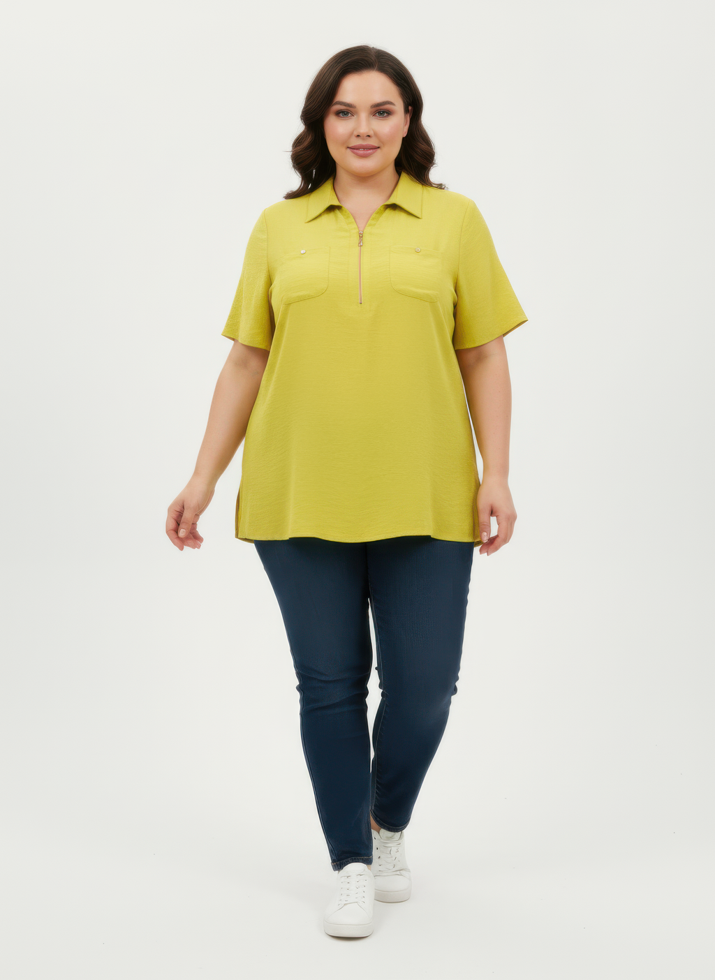 Lime utility knit top with zip-front, pointed collar, chest pockets, short sleeves
