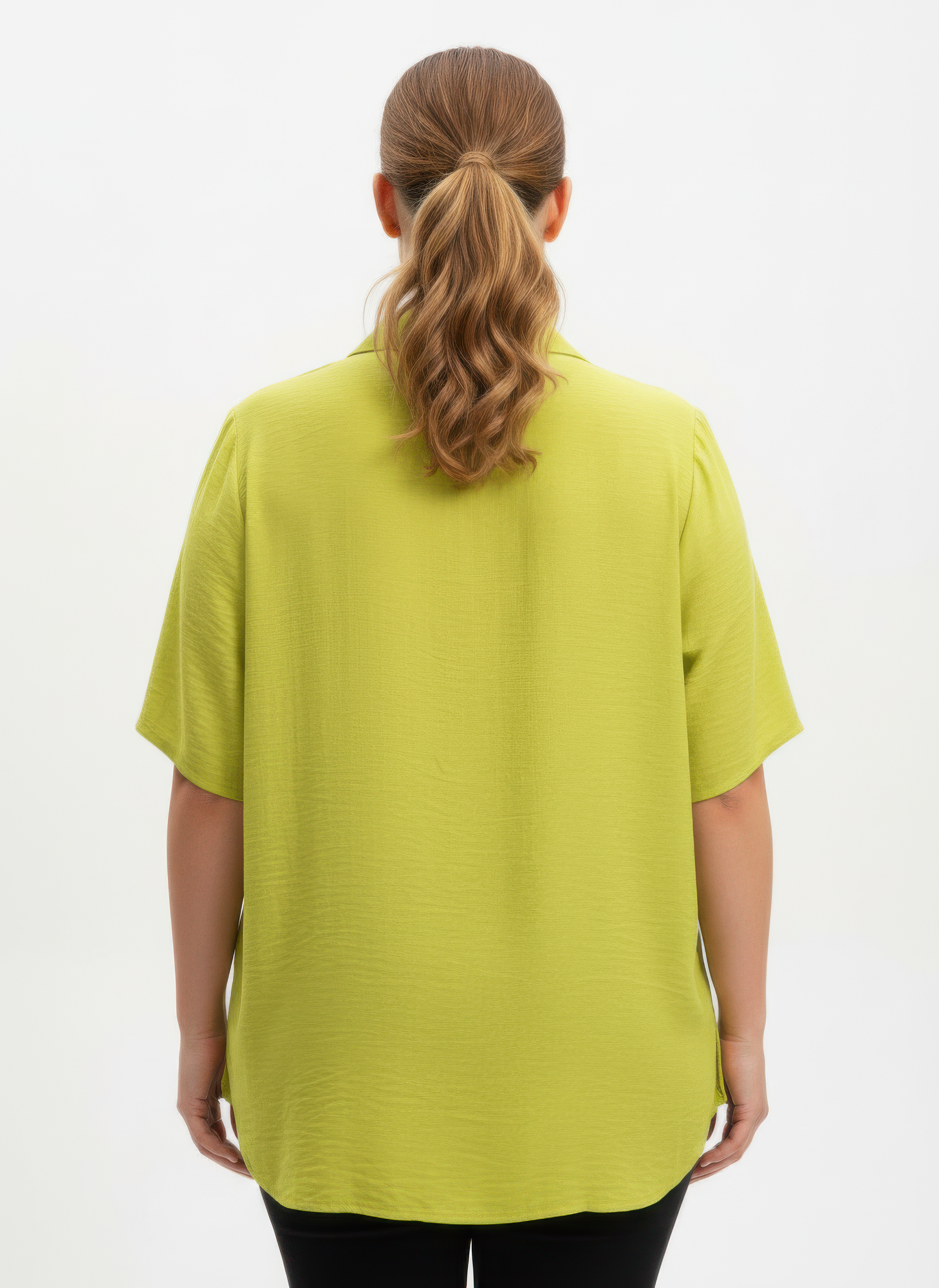 Lime utility knit top, back view: short sleeves, collar, relaxed fit