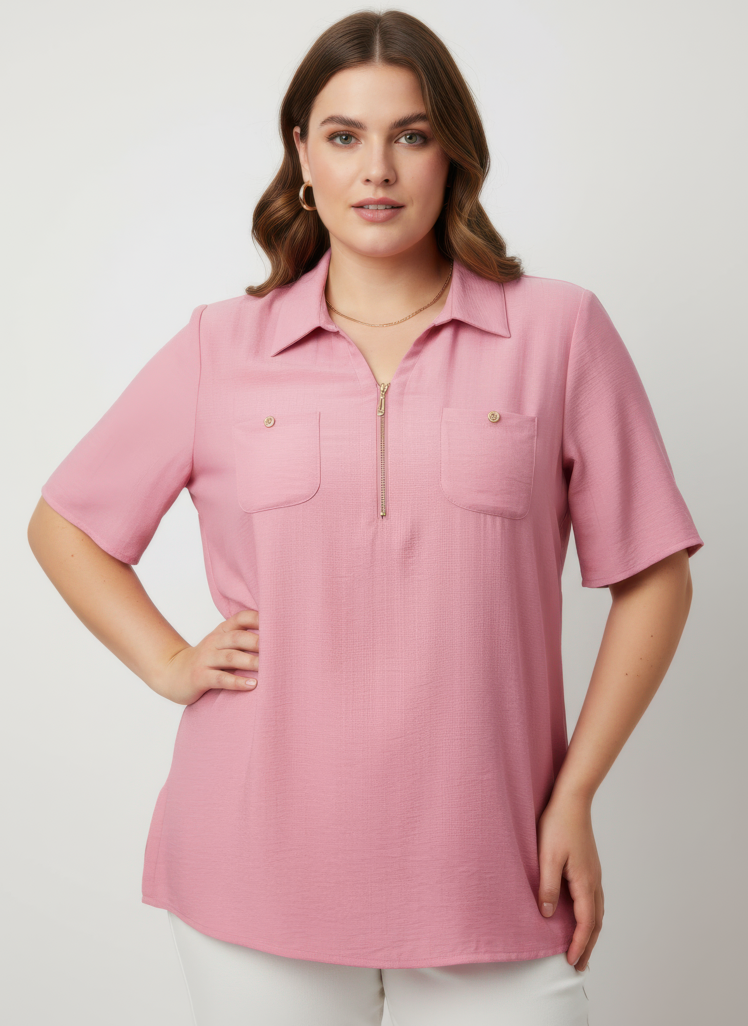 Zip-front Collared Utility Knit Top - Tigbul's Variety Fashion Shop