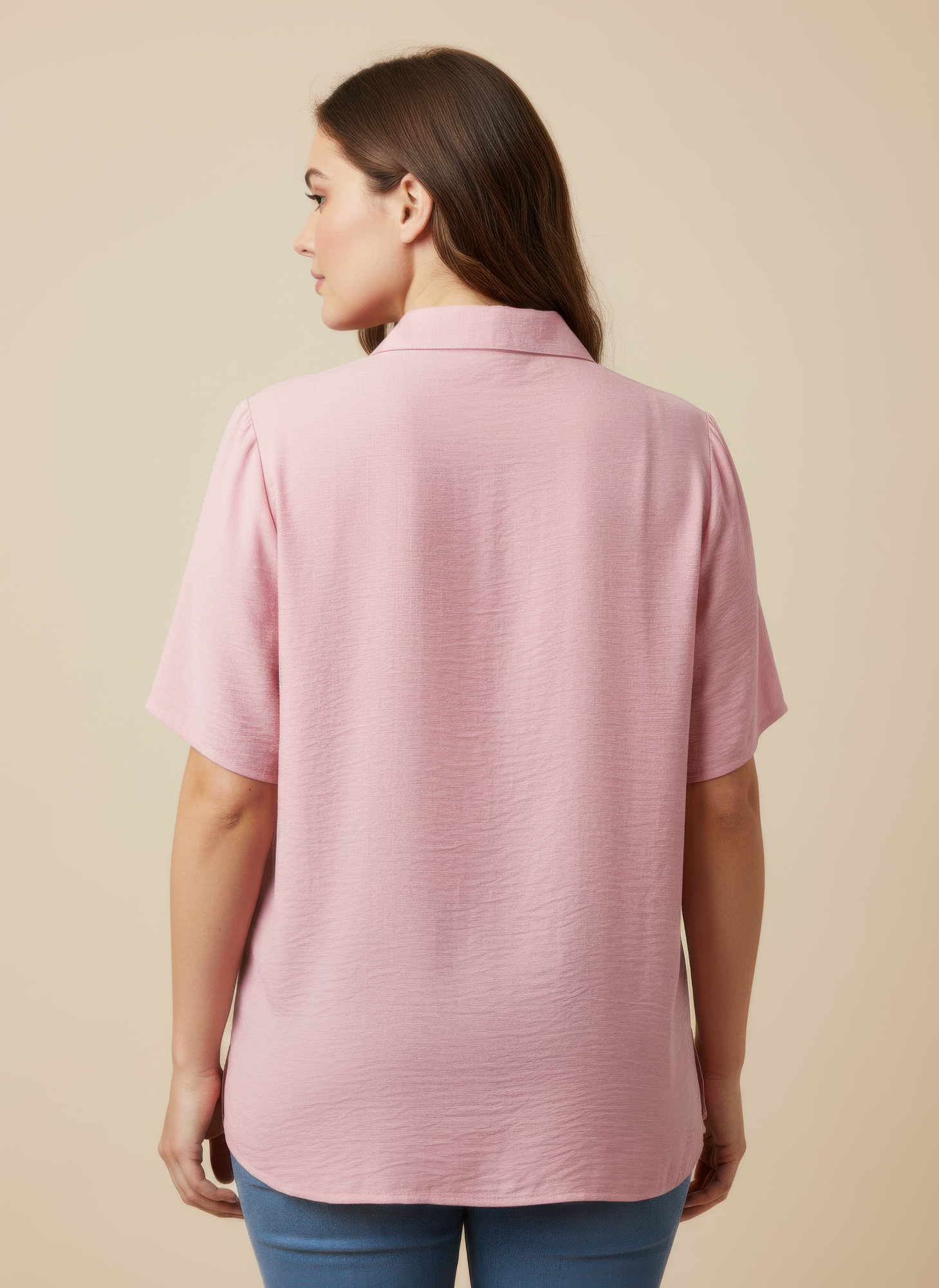 Pink utility knit top, back view: short sleeves, collar, relaxed straight hem