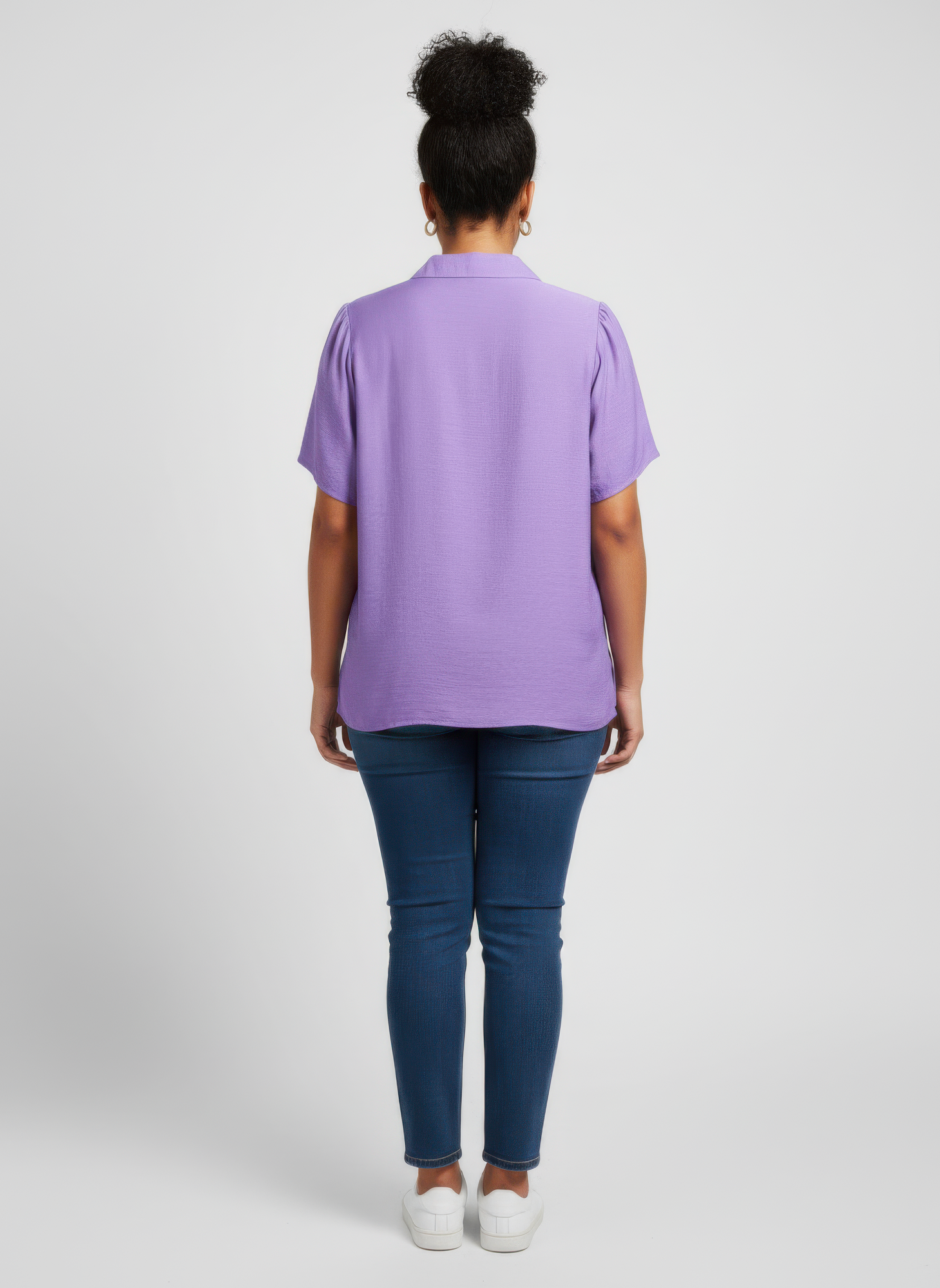 Purple utility knit top, back view: short sleeves, collar, relaxed fit