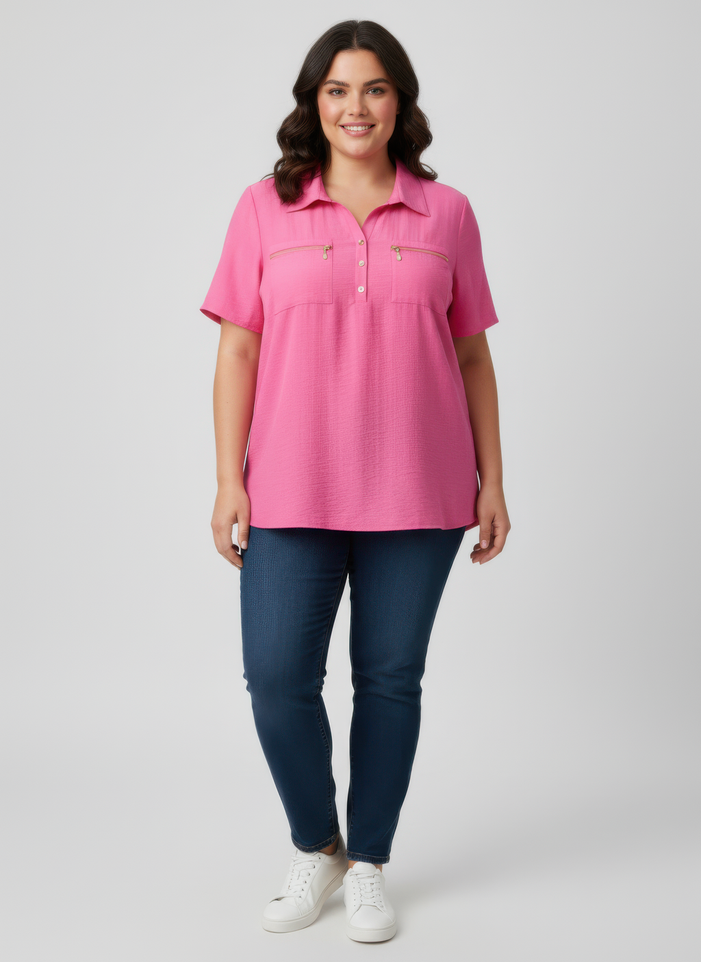 Zip pocket collared knit tunic top, pink with button placket and short sleeves