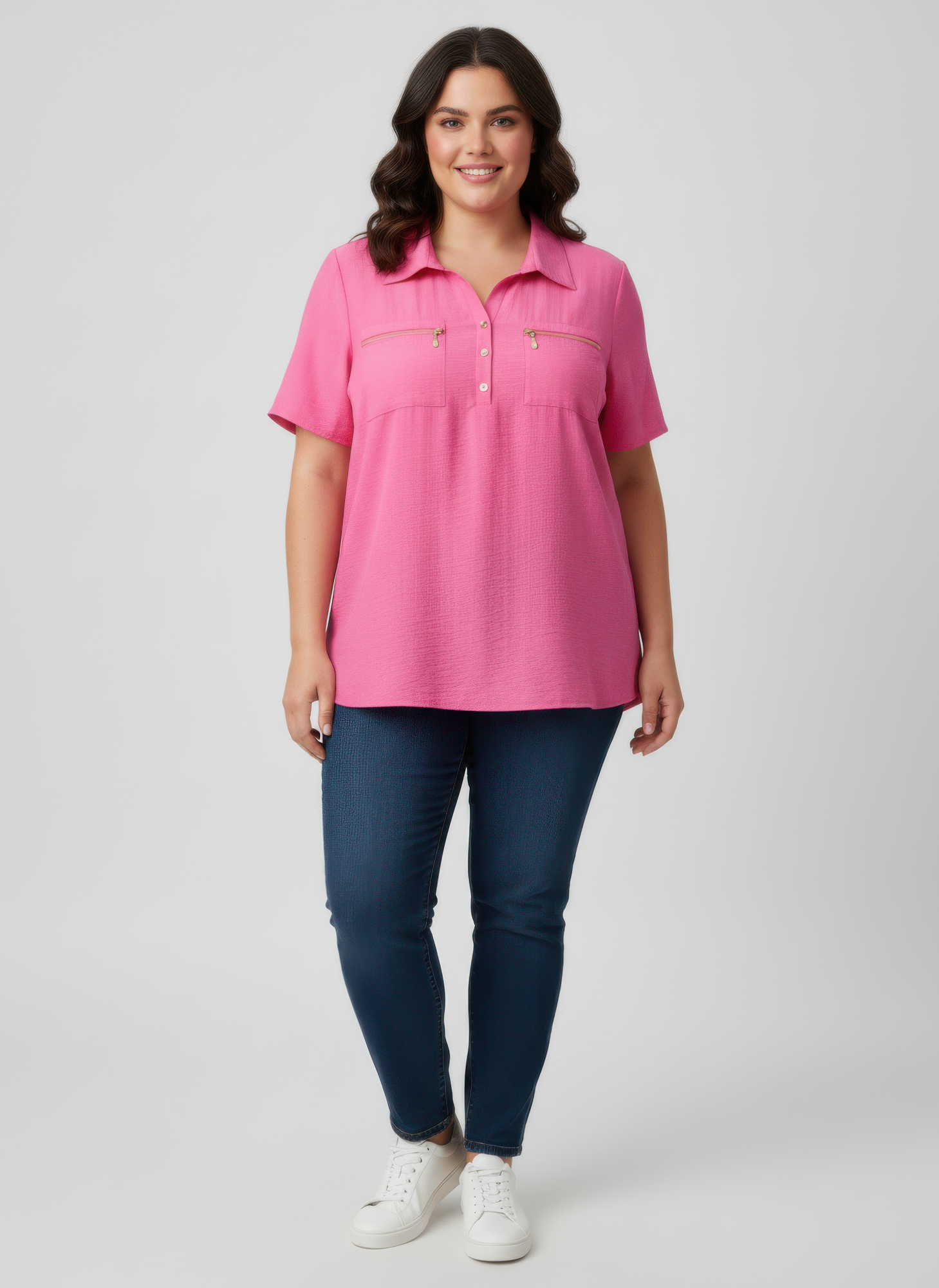 Zip pocket collared knit tunic top, pink with button placket and short sleeves