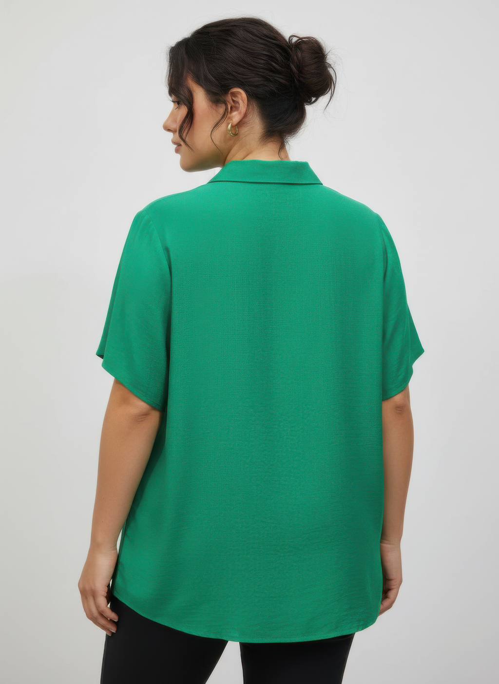 Green knit utility top, back view with collar and short sleeves