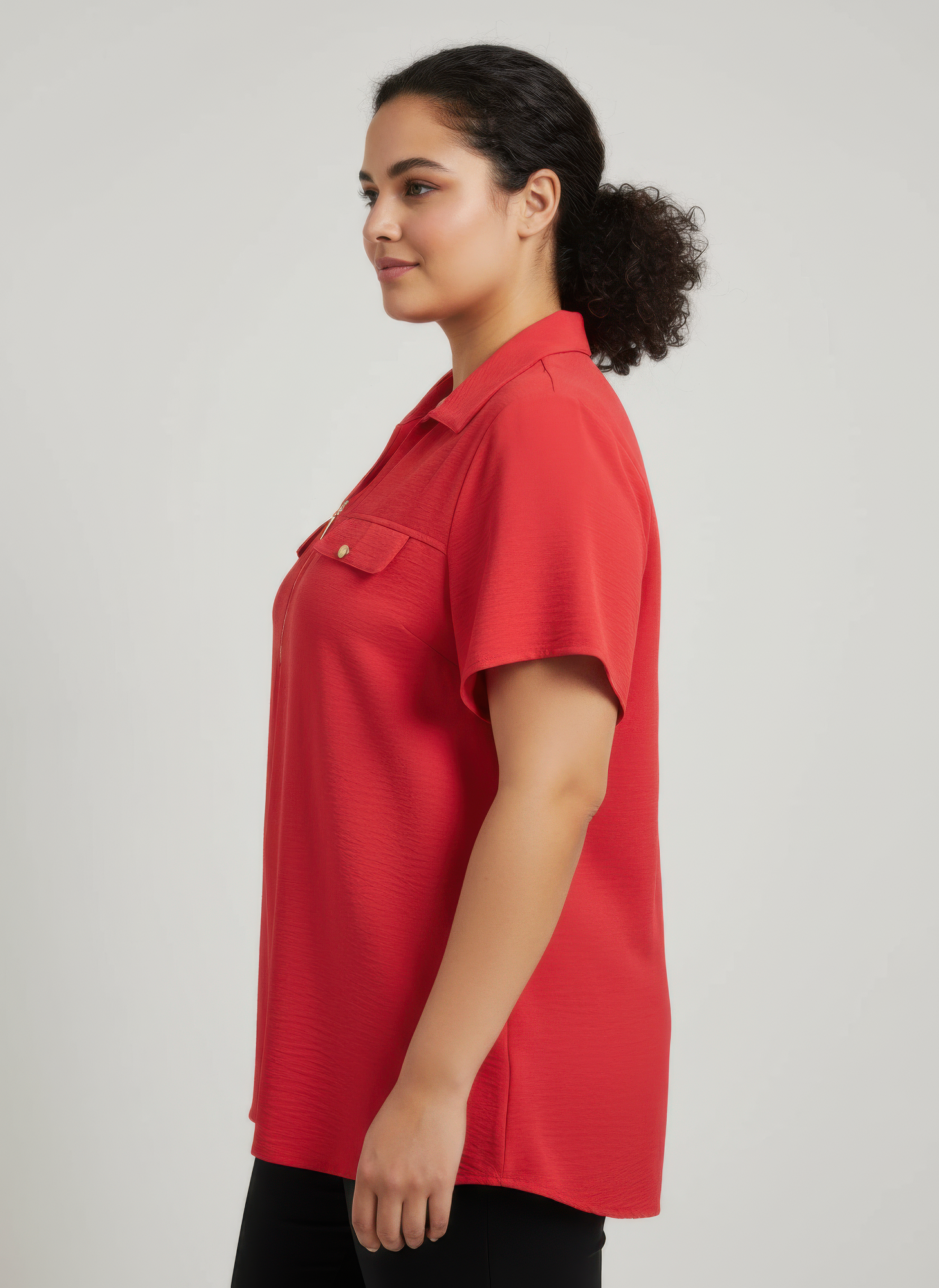 Red utility knit polo with turn-down collar, chest pocket, short sleeves
