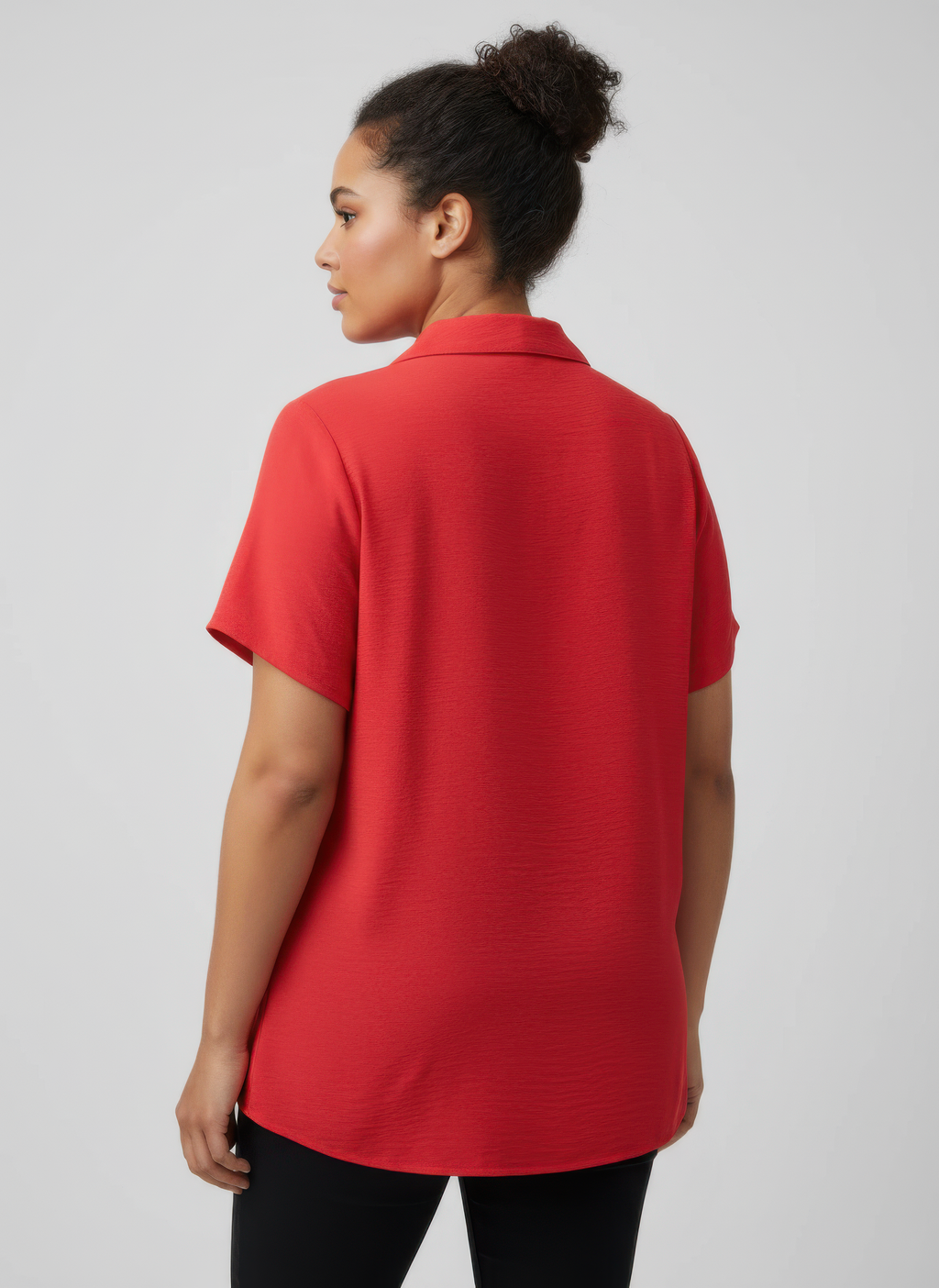 Red knit utility top, back view with collar and short sleeves
