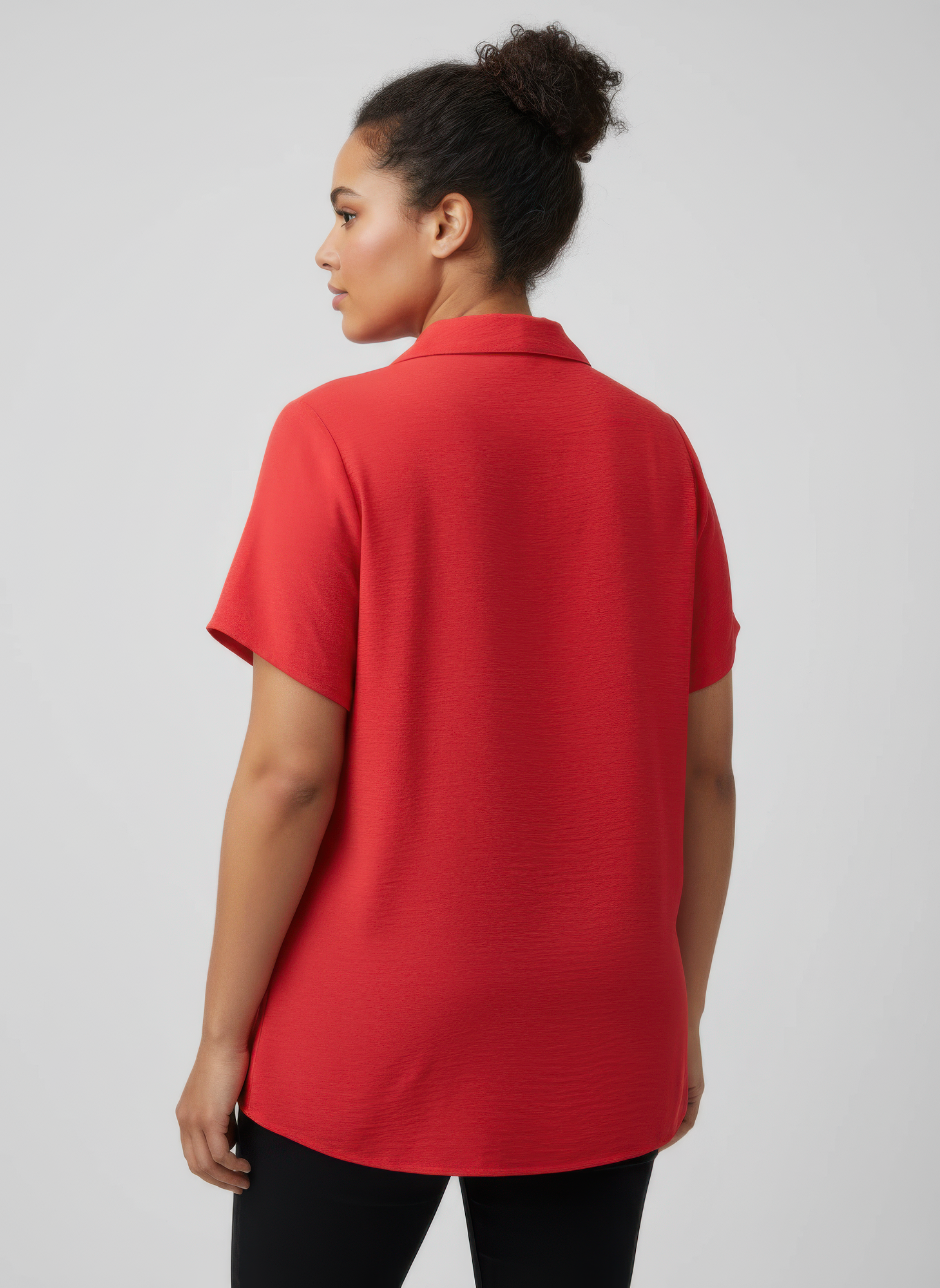 Red knit utility top, back view with collar and short sleeves