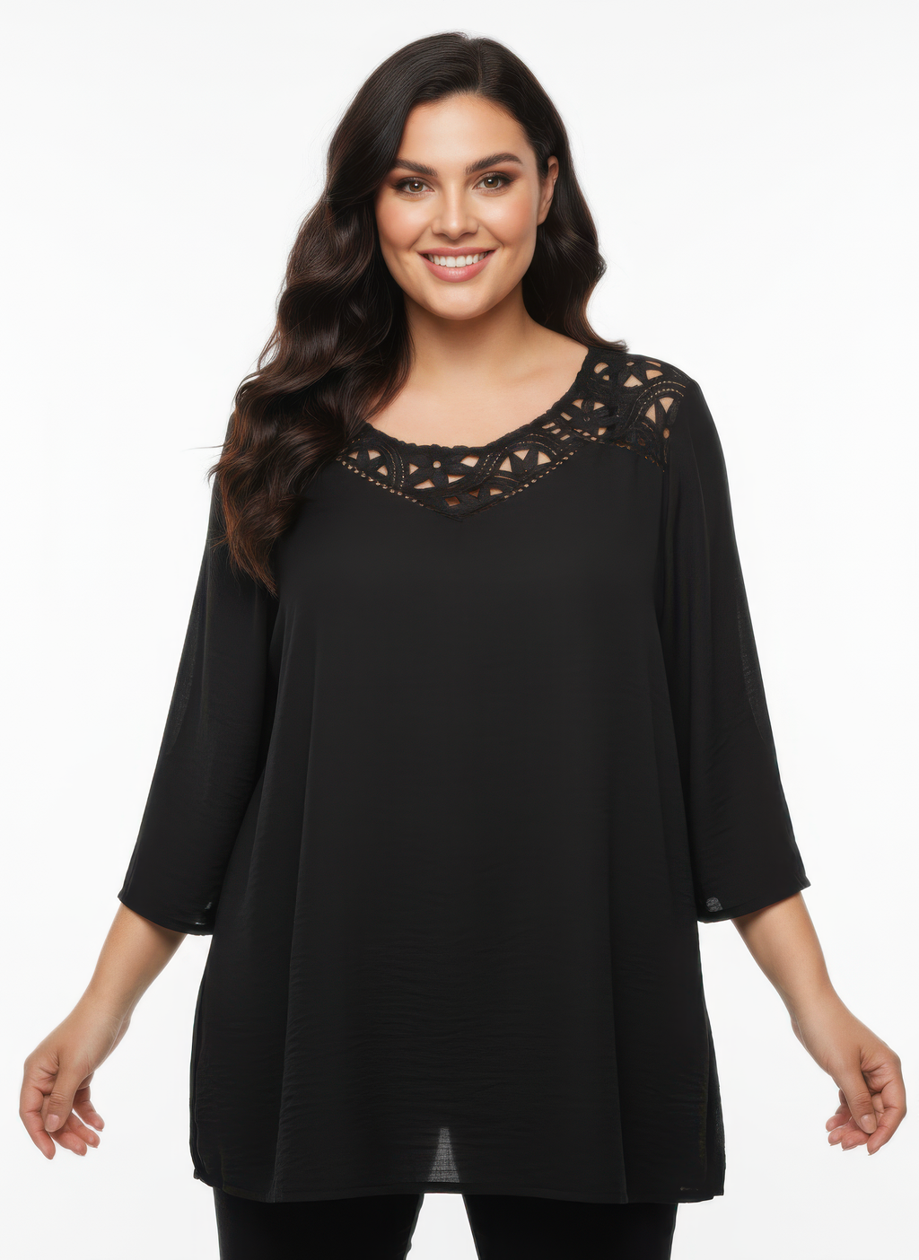 Black lace yoke bell-sleeve knit tunic with round neckline