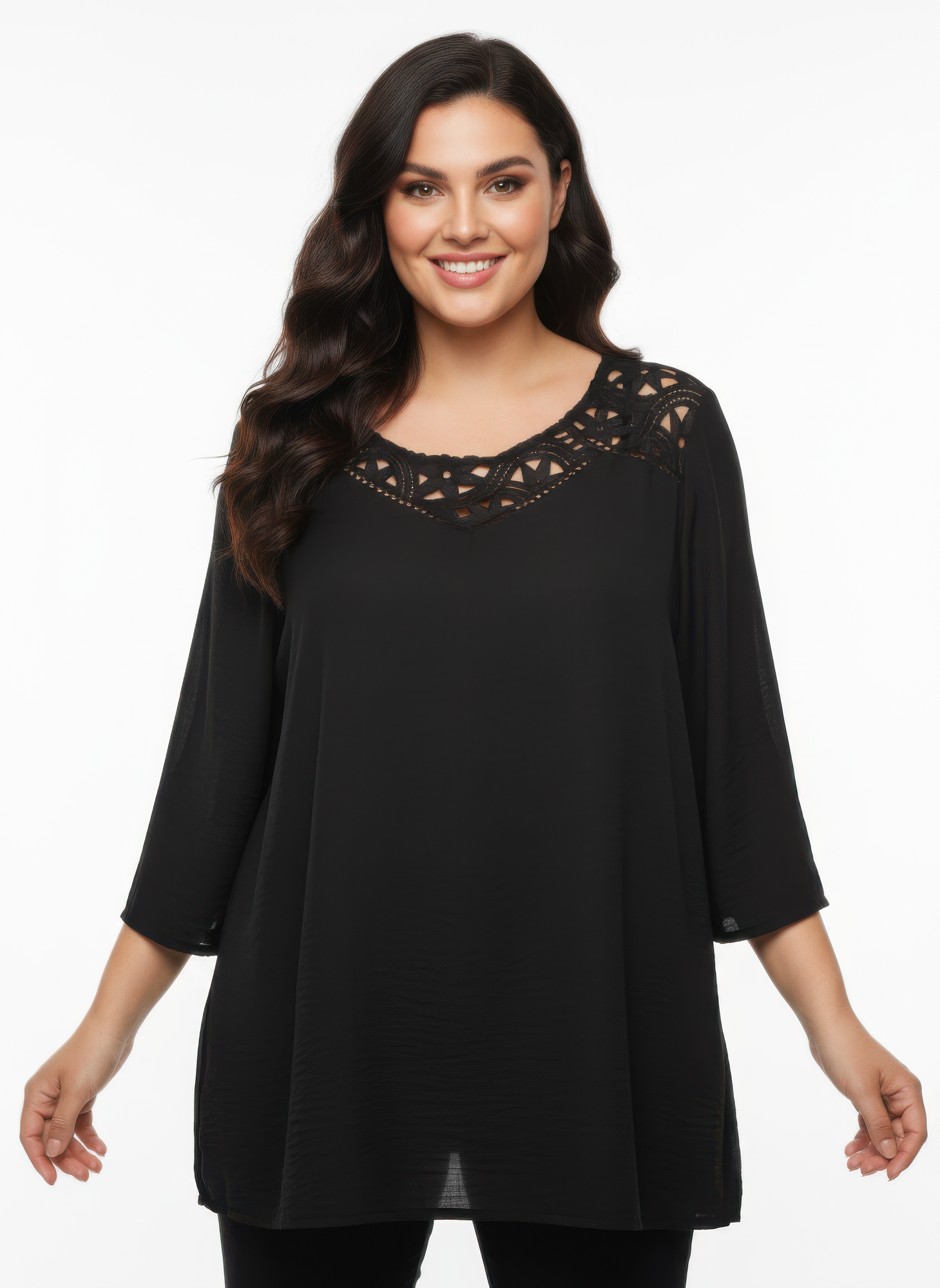 Black lace yoke bell-sleeve knit tunic with round neckline
