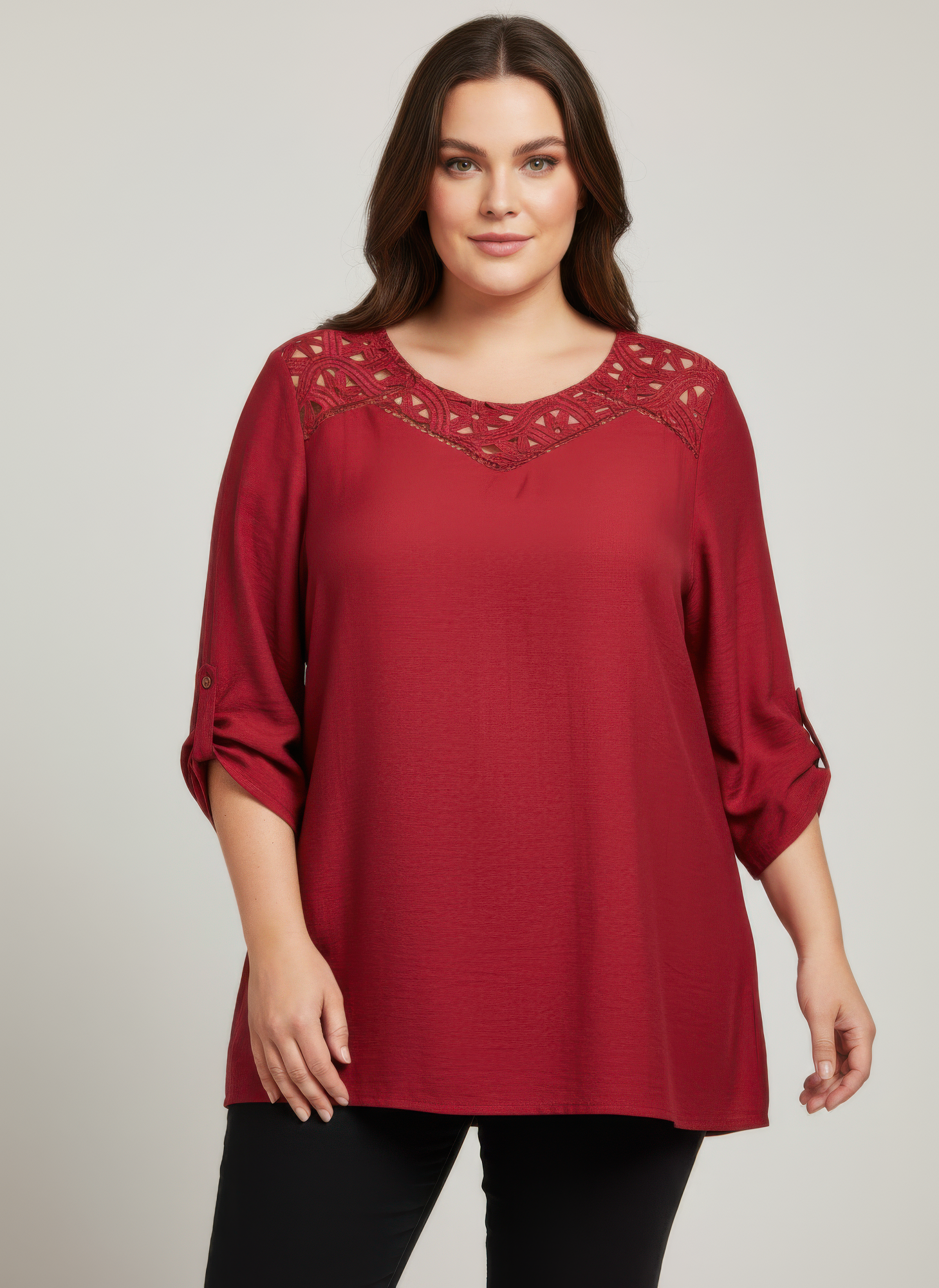 Burgundy lace yoke knit tunic, front view, 3/4 sleeves and loose swing hem
