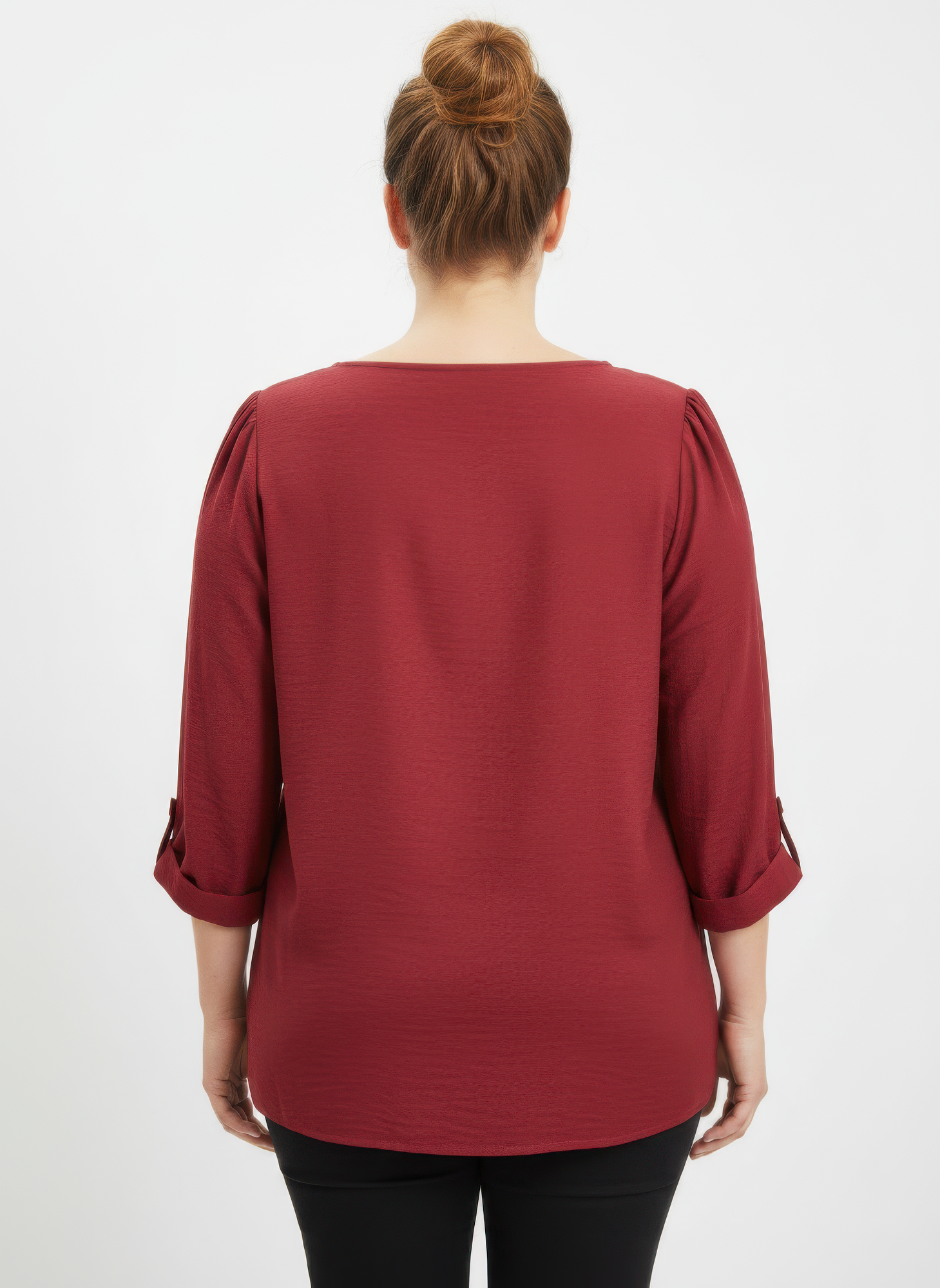 Burgundy lace yoke knit tunic, back view with ruched elbow-length sleeves