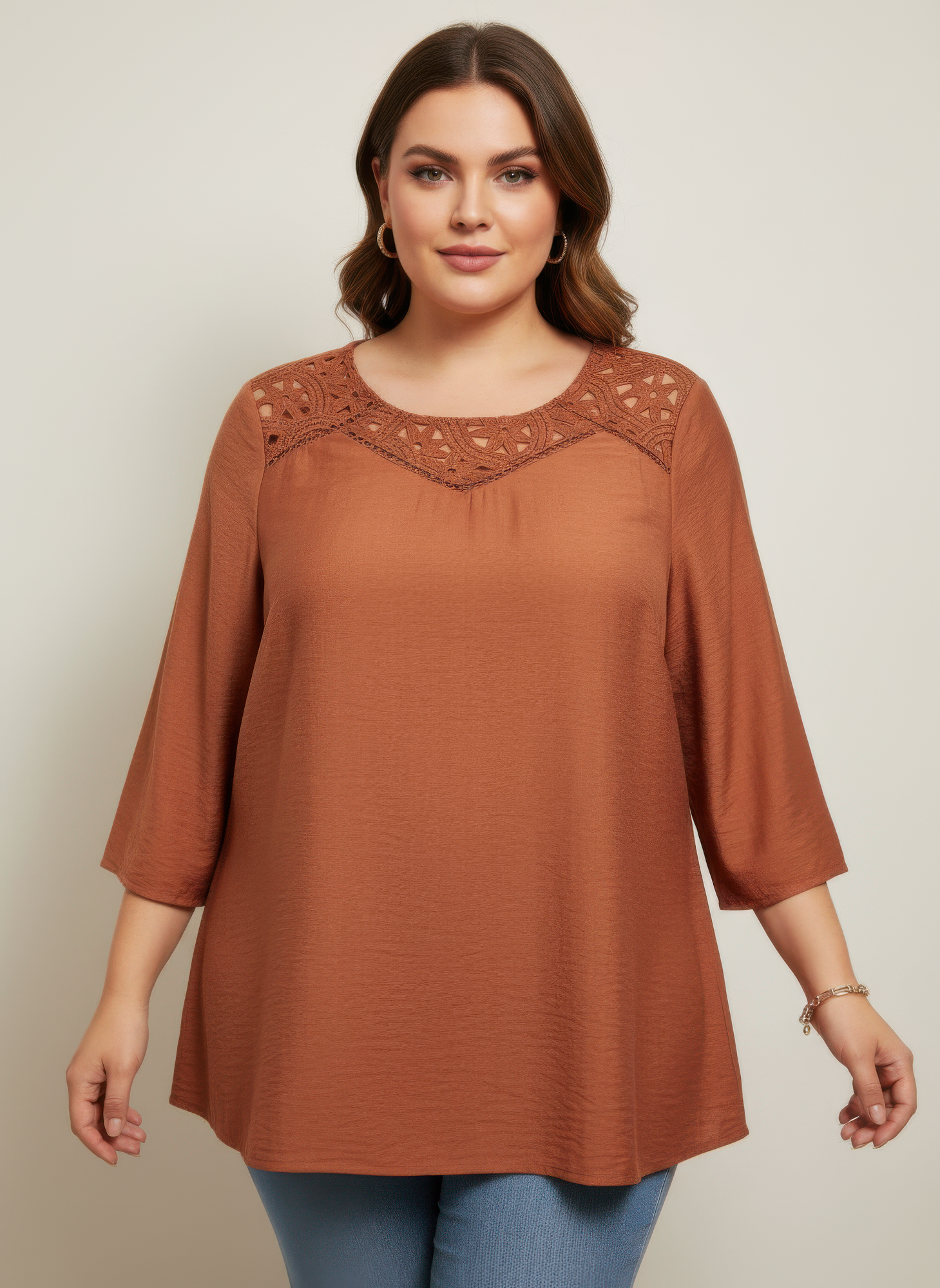 Rust lace yoke knit tunic, front view, embroidered neckline and 3/4 sleeves