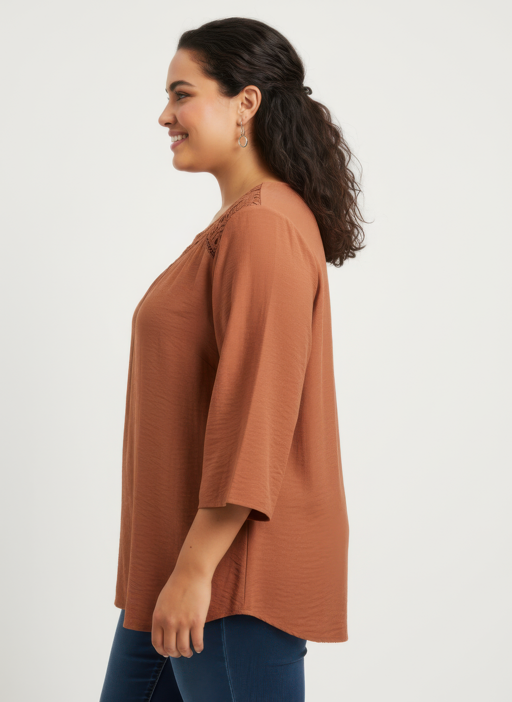 Lace yoke knit tunic with bell sleeves in rust-brown
