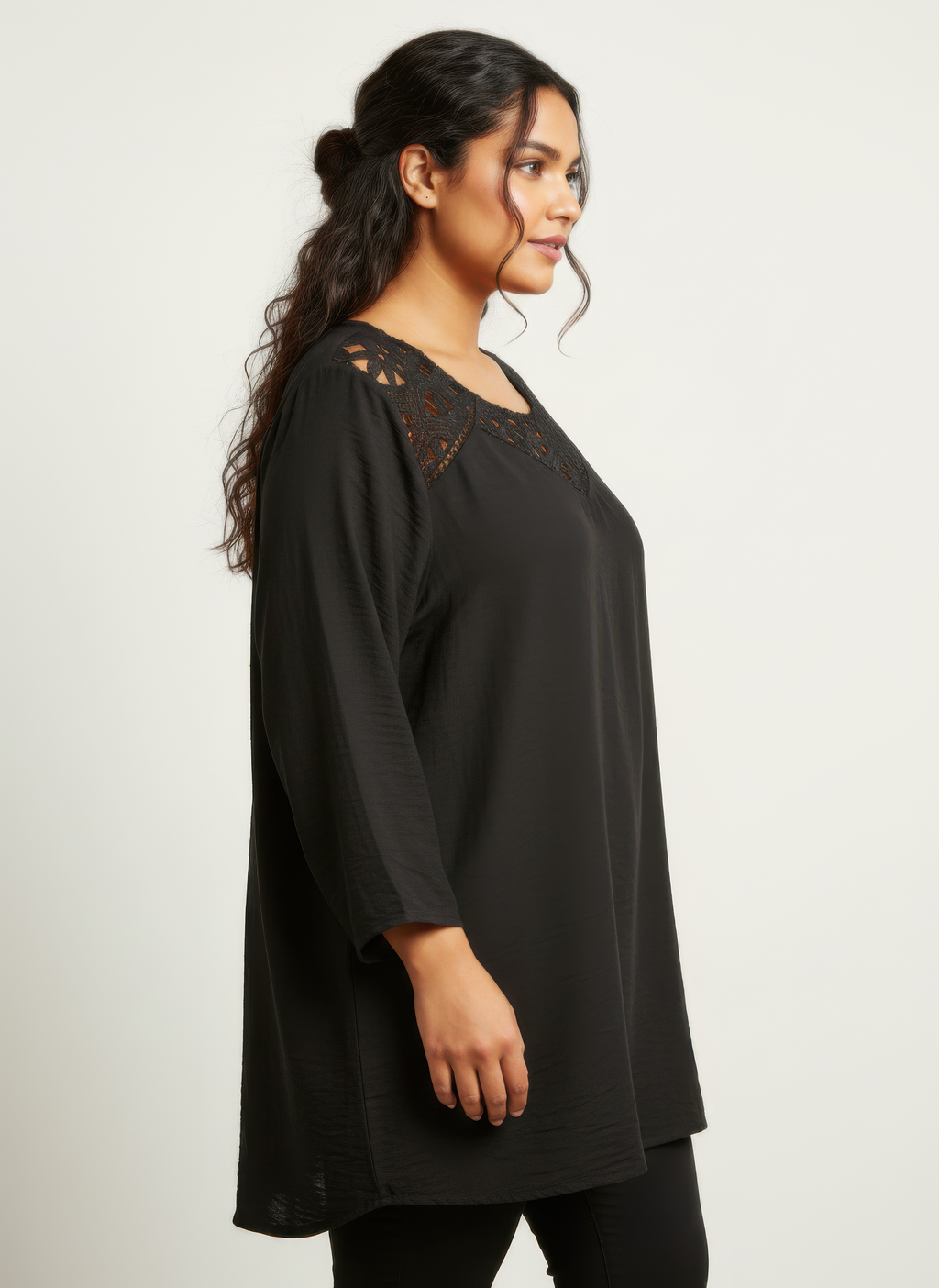 Black lace yoke knit tunic, side view, loose fit with 3/4 sleeves