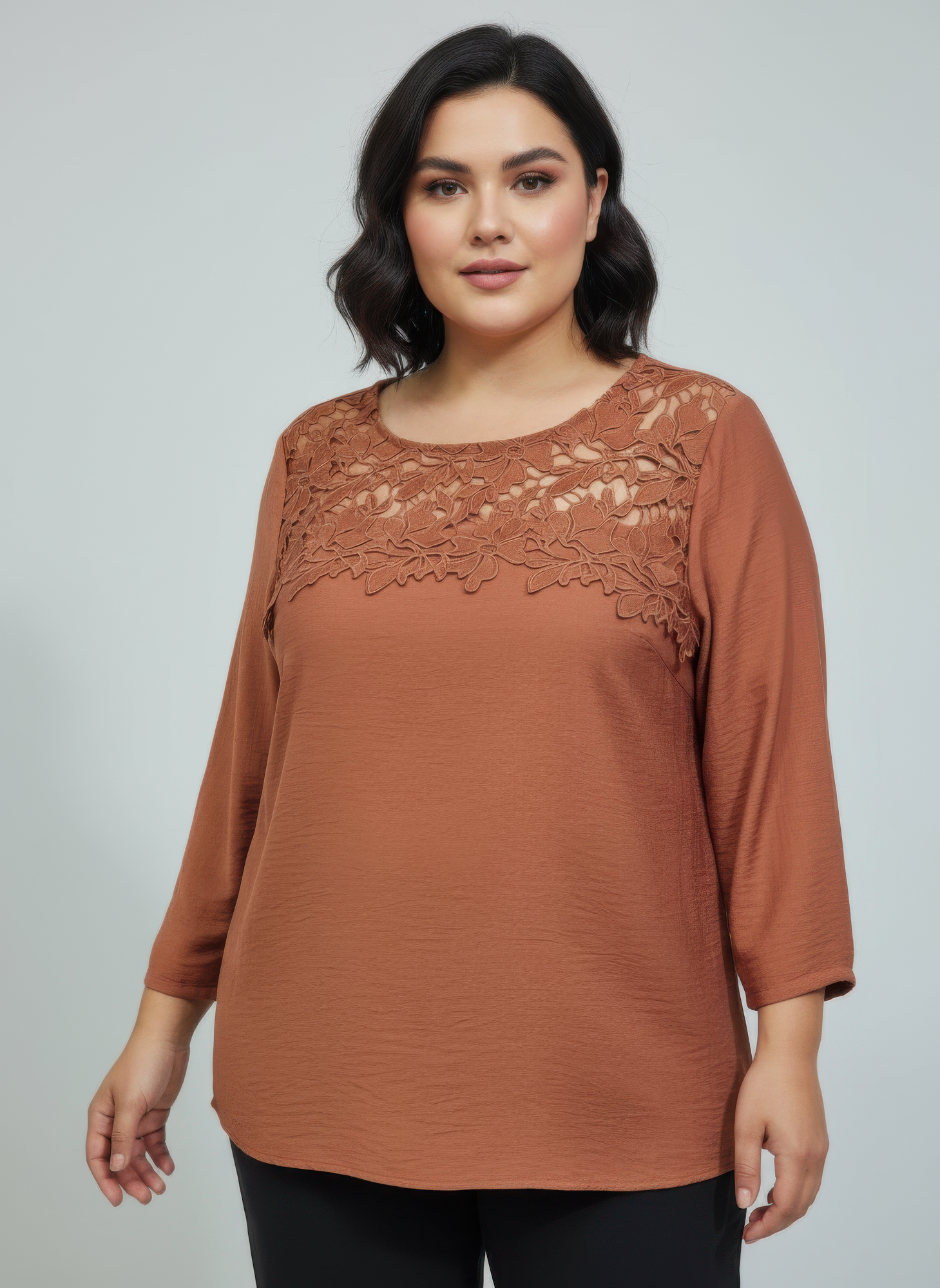 Rust knit top with lace yoke and 3/4 sleeves