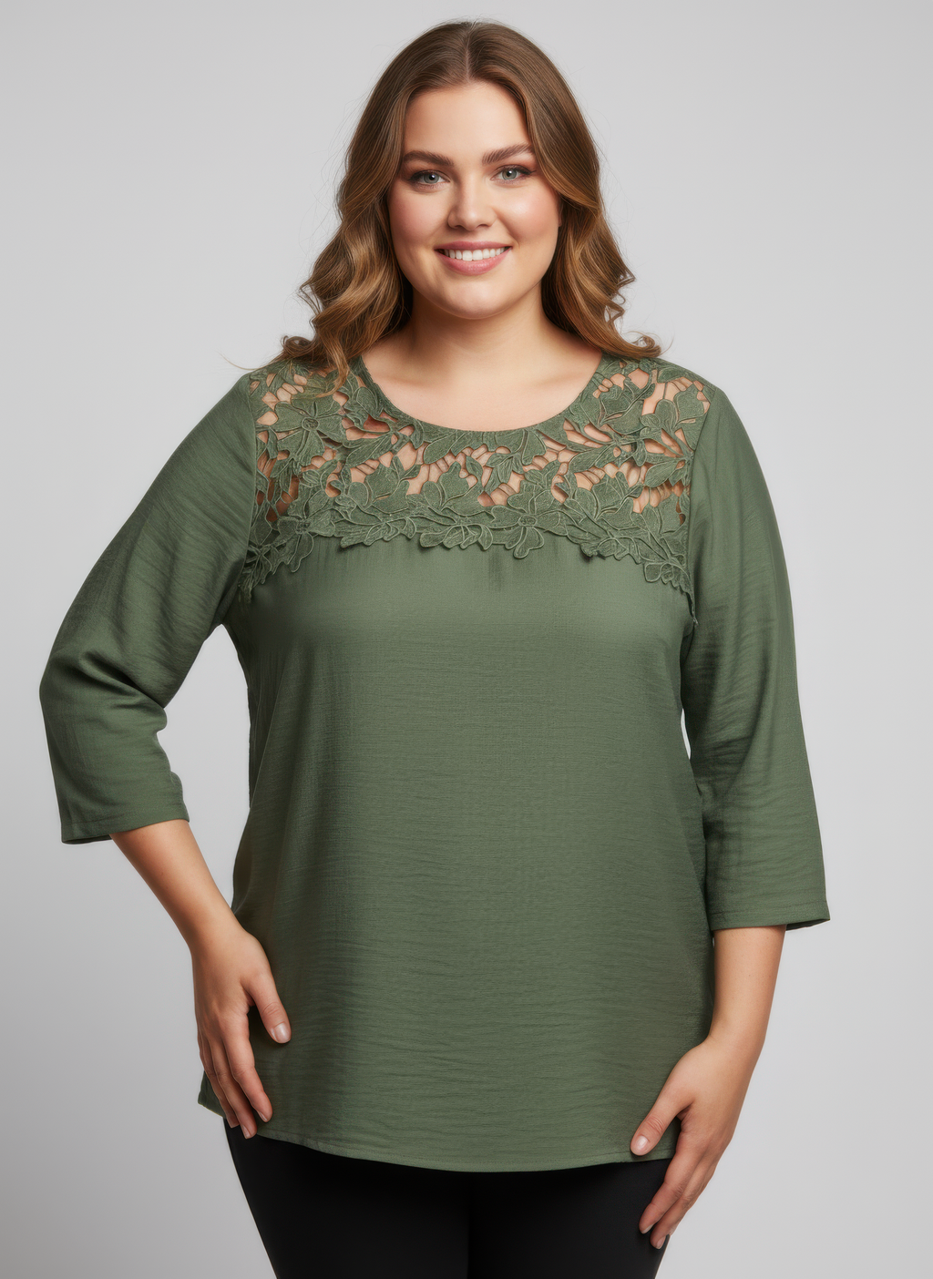 Lace yoke three-quarter sleeve knit top (Green) with lace neckline detail