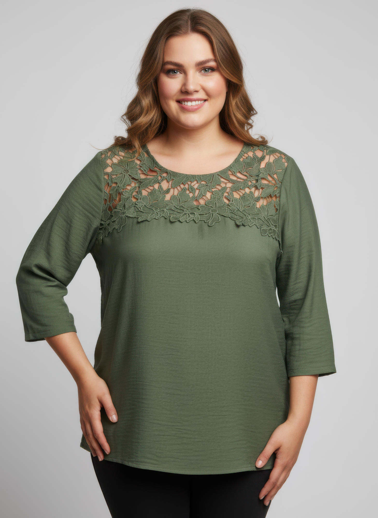 Lace yoke three-quarter sleeve knit top (Green) with lace neckline detail