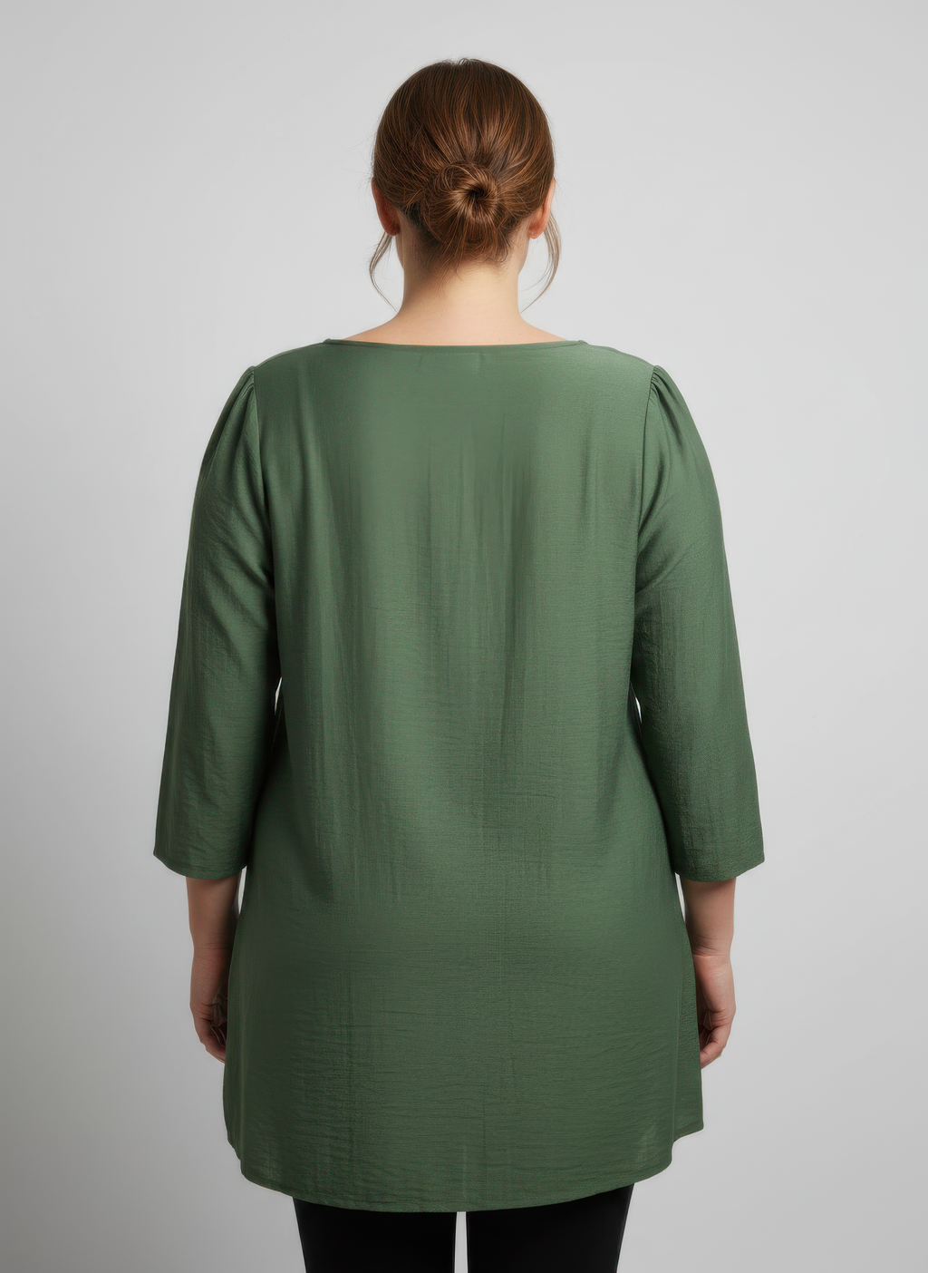 Green lace yoke knit top, back view with 3/4 sleeves