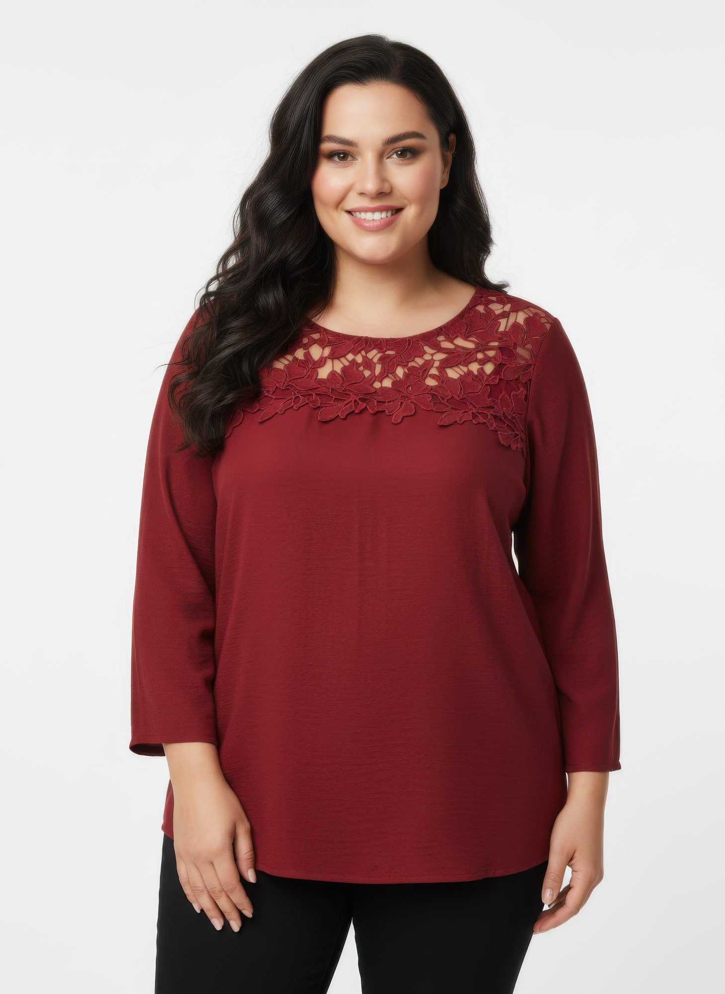 Burgundy knit top with lace yoke and 3/4 sleeves, front view