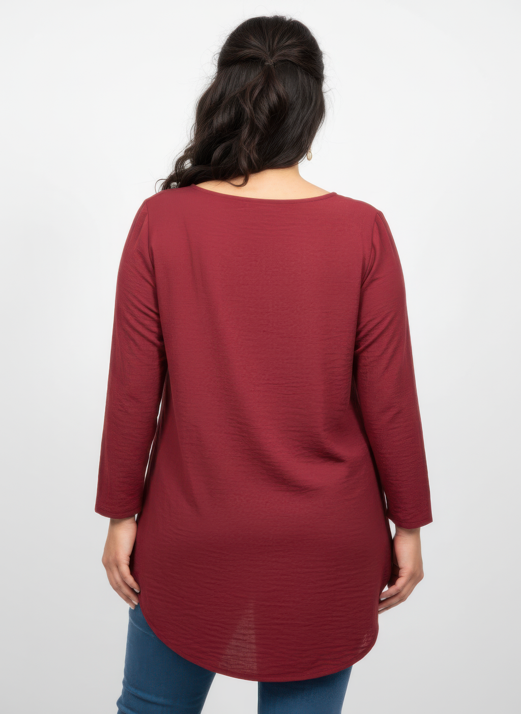Burgundy lace yoke knit top, back view, 3/4 sleeves