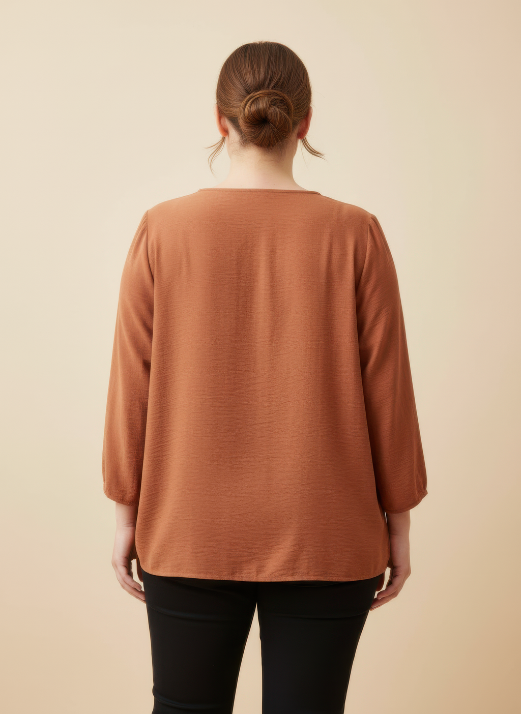 Rust lace yoke knit top, back view, 3/4 sleeves