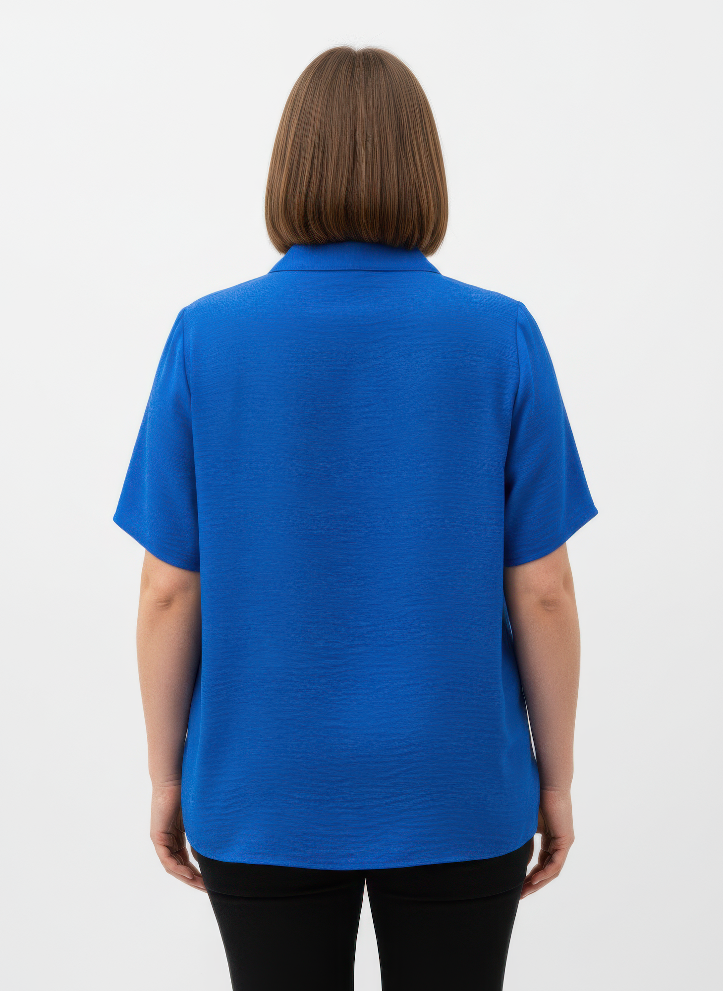 Rückansicht: blaues Zip-Front Utility Pocket Top mit kurzem Roll-tab Ärmel