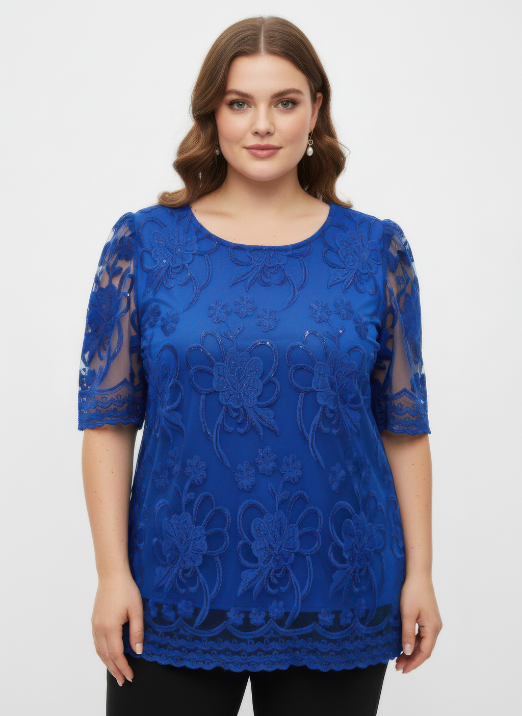 Embroidered lace overlay short-sleeve top in blue, floral motif front
