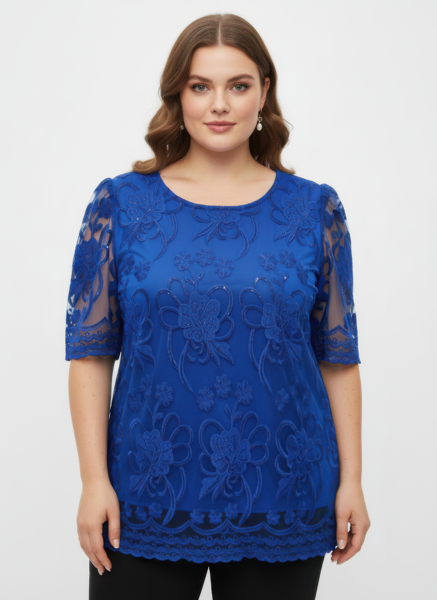 Embroidered lace overlay short-sleeve top in blue, floral motif front