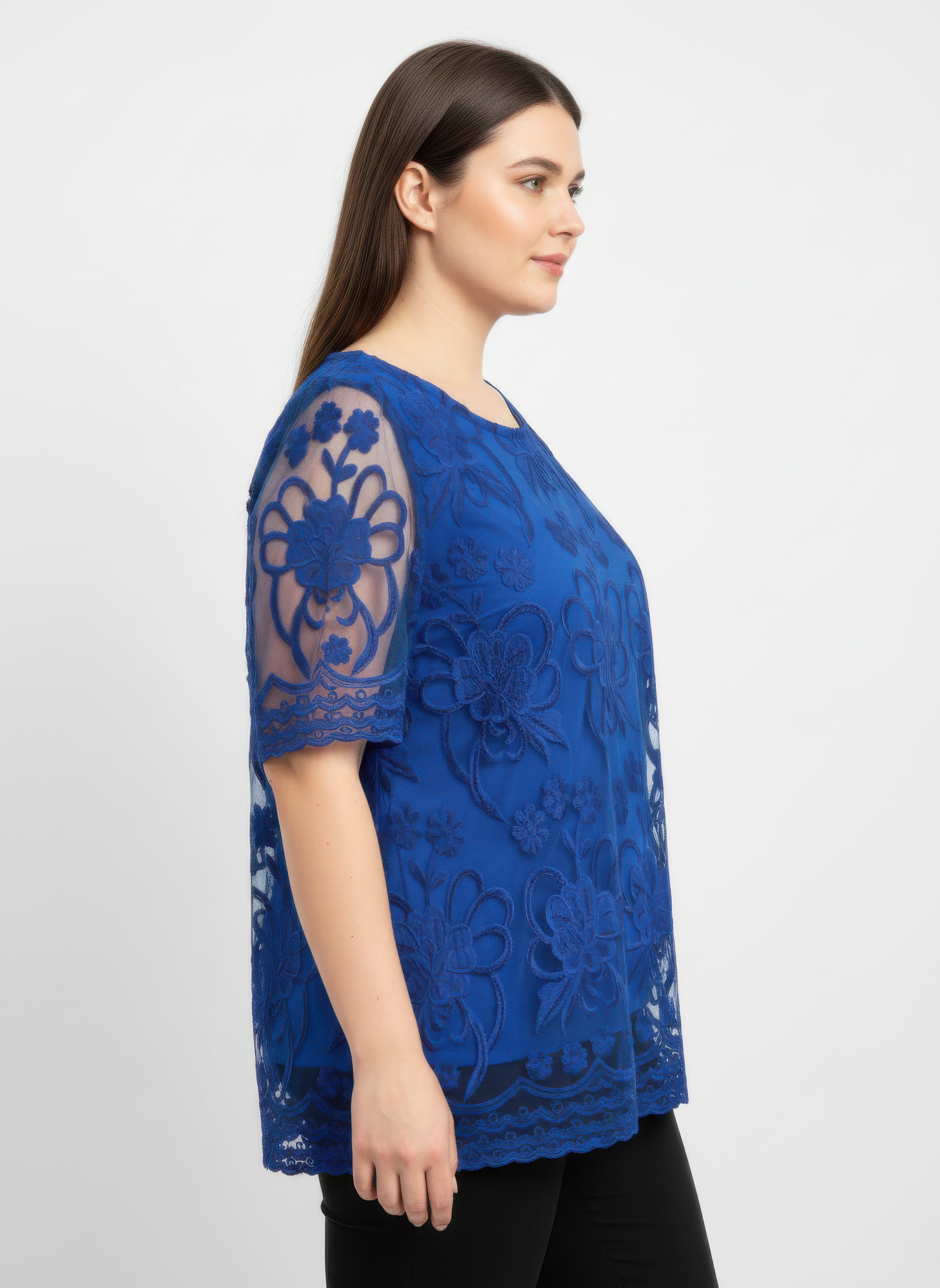 Blue lace overlay top with short sleeves and sheer floral lace panels