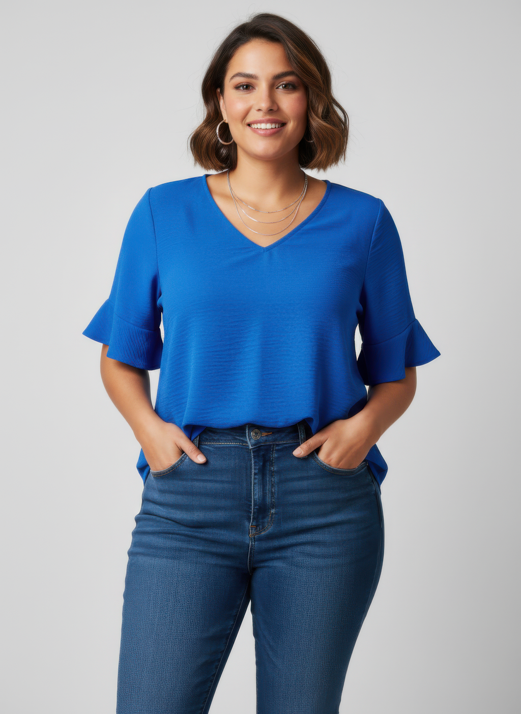 Textured V-neck short-sleeve top with ruffle sleeves, blue