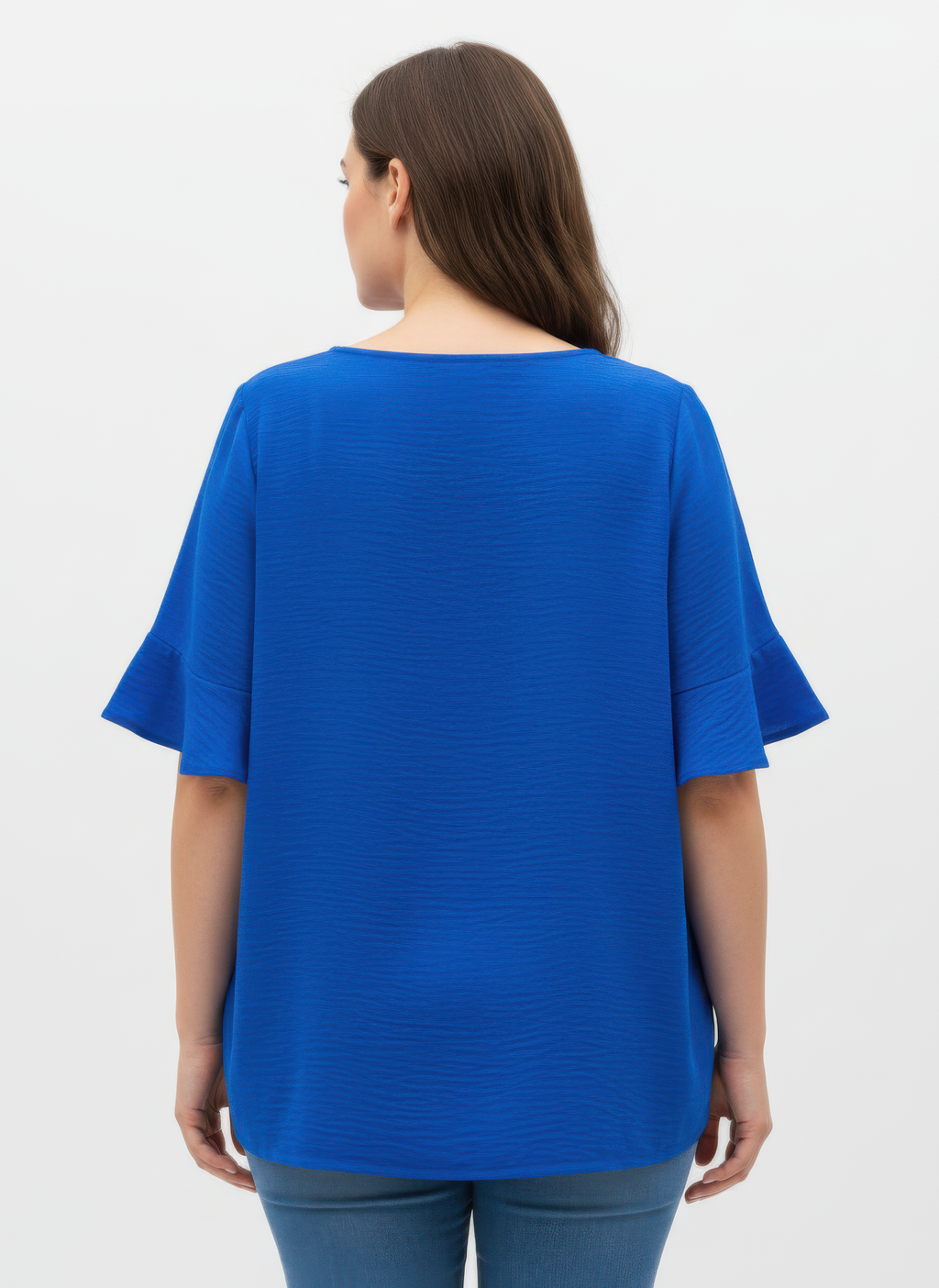 Back view: blue textured short-sleeve top with flared ruffle cuffs