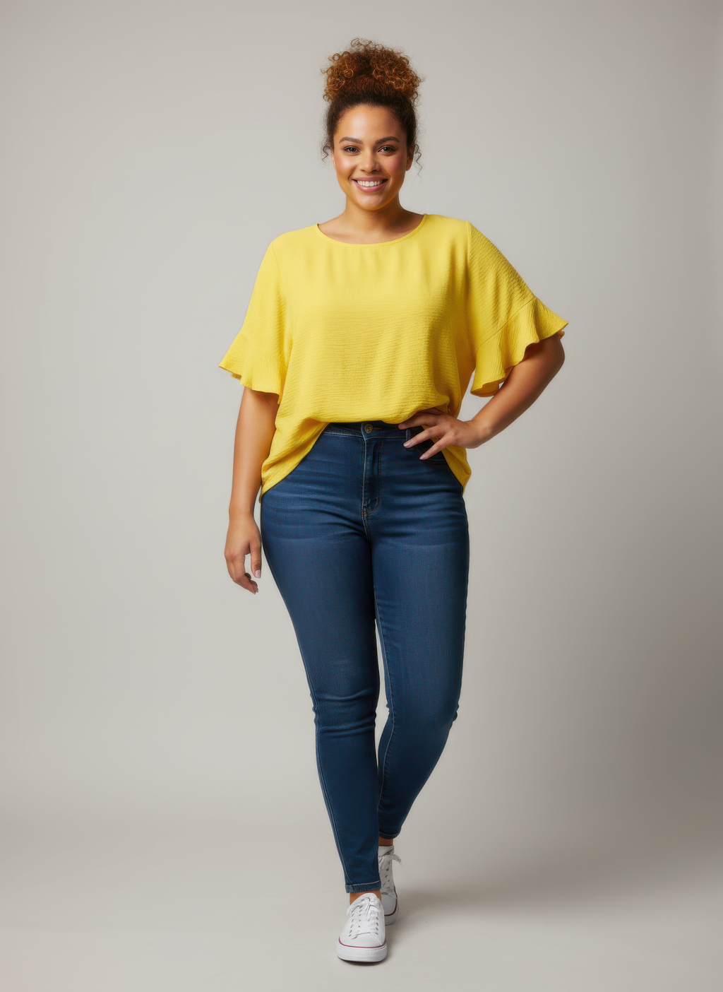 Textured ruffle-sleeve short sleeve top in yellow, relaxed fit