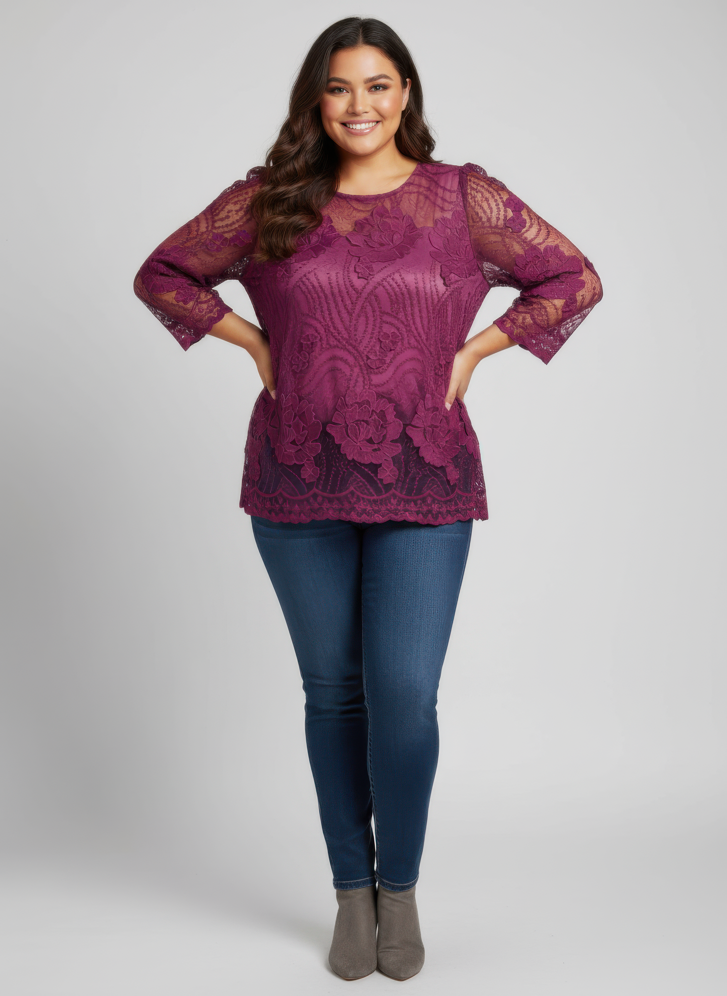 Purple lace blouse with floral embroidery, long sleeves and scalloped hem