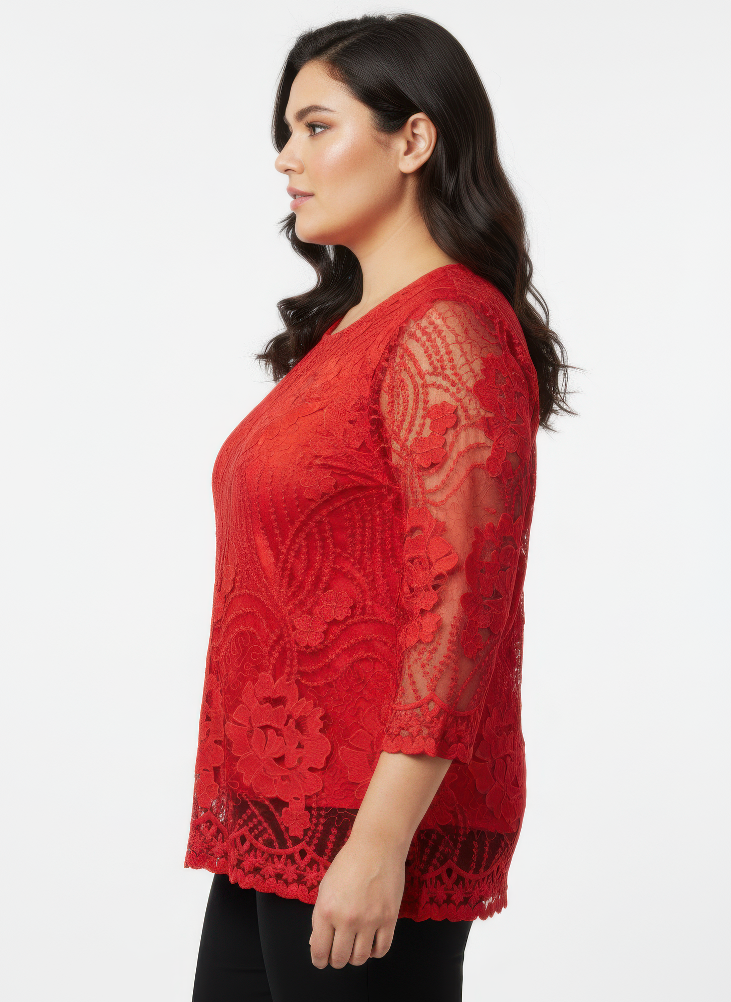 Red lace blouse with floral overlay, elbow-length sleeves and scalloped bottom edge