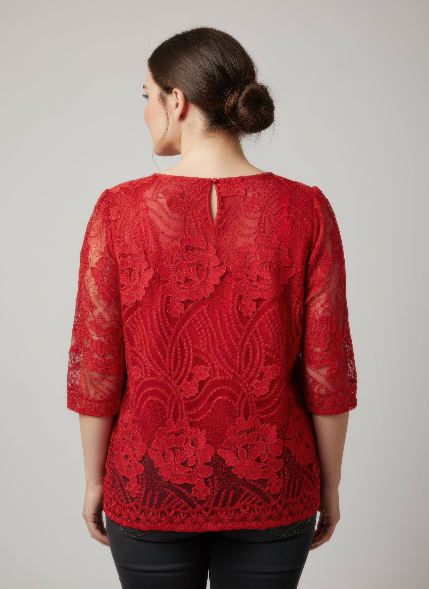 Red lace blouse back view with keyhole opening and floral scalloped hem