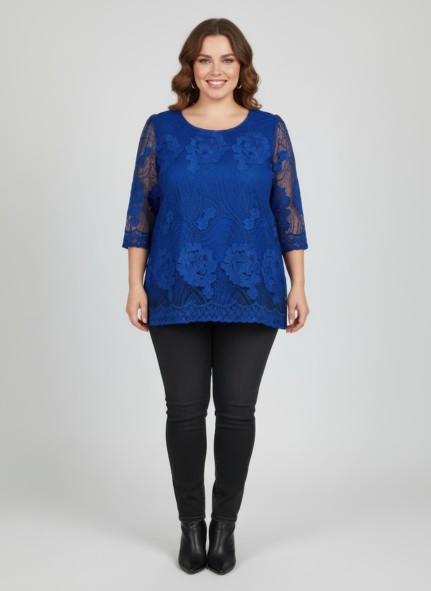 Blue lace blouse with floral pattern, 3/4 sleeves and scalloped hem detail