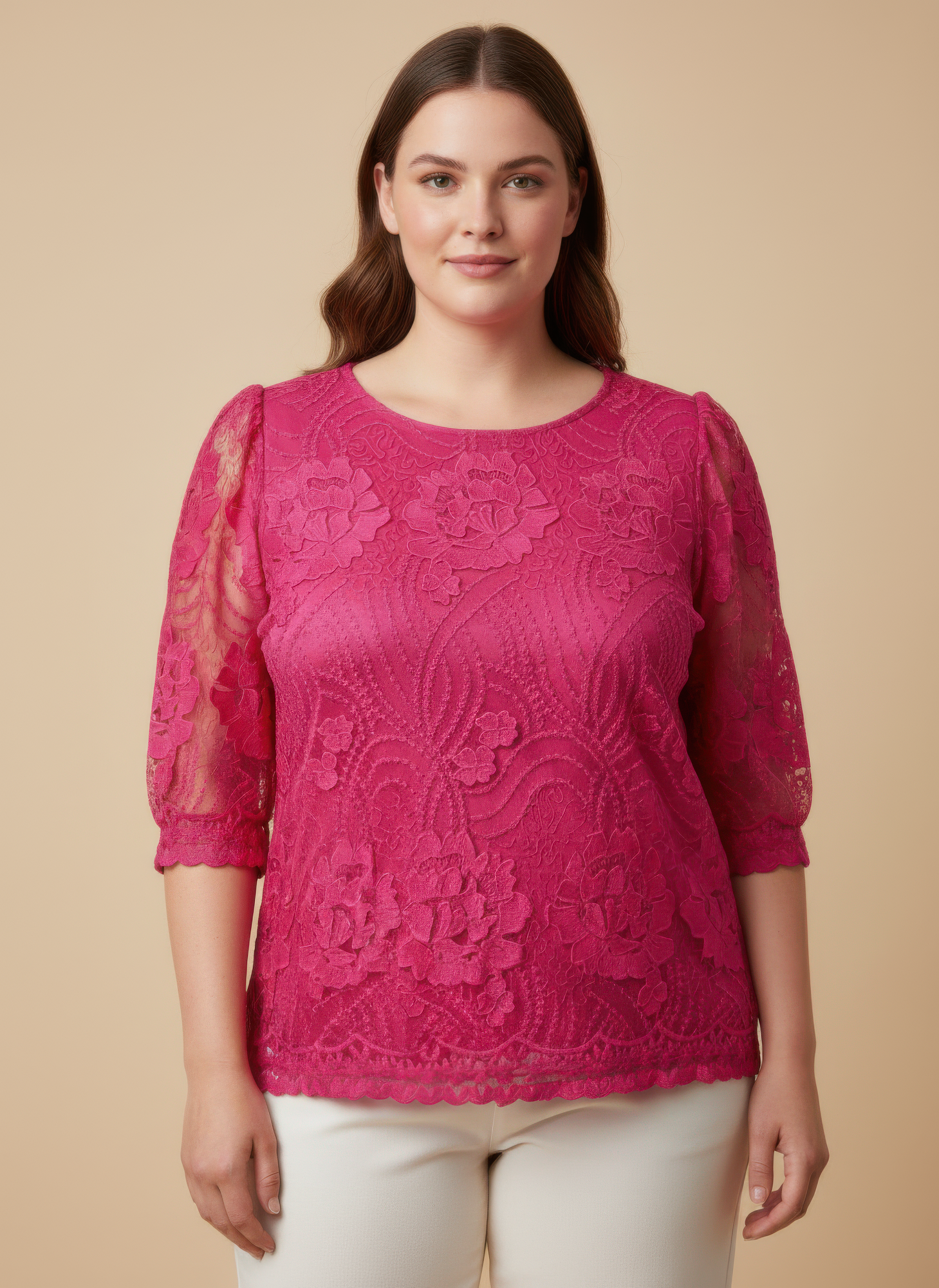 Pink lace blouse with floral appliqué and 3/4 sleeves, scalloped bottom edge