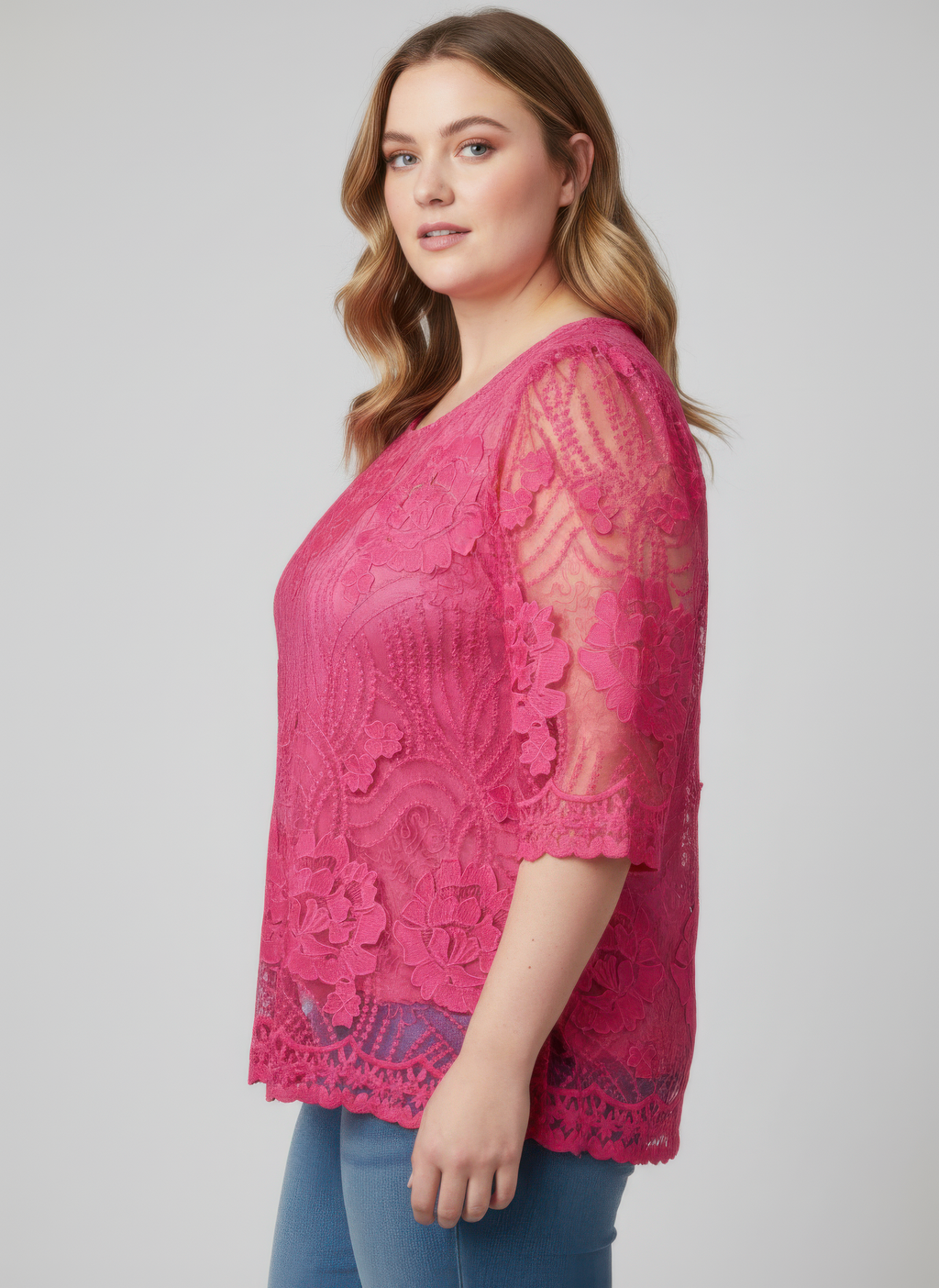 Elegant Floral Lace Sleeve Blouse, pink lace top with 3/4 sleeves