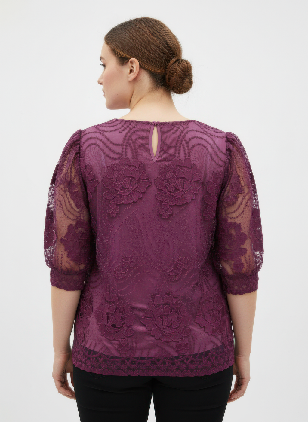 Purple lace blouse back view with keyhole opening and floral scalloped hem