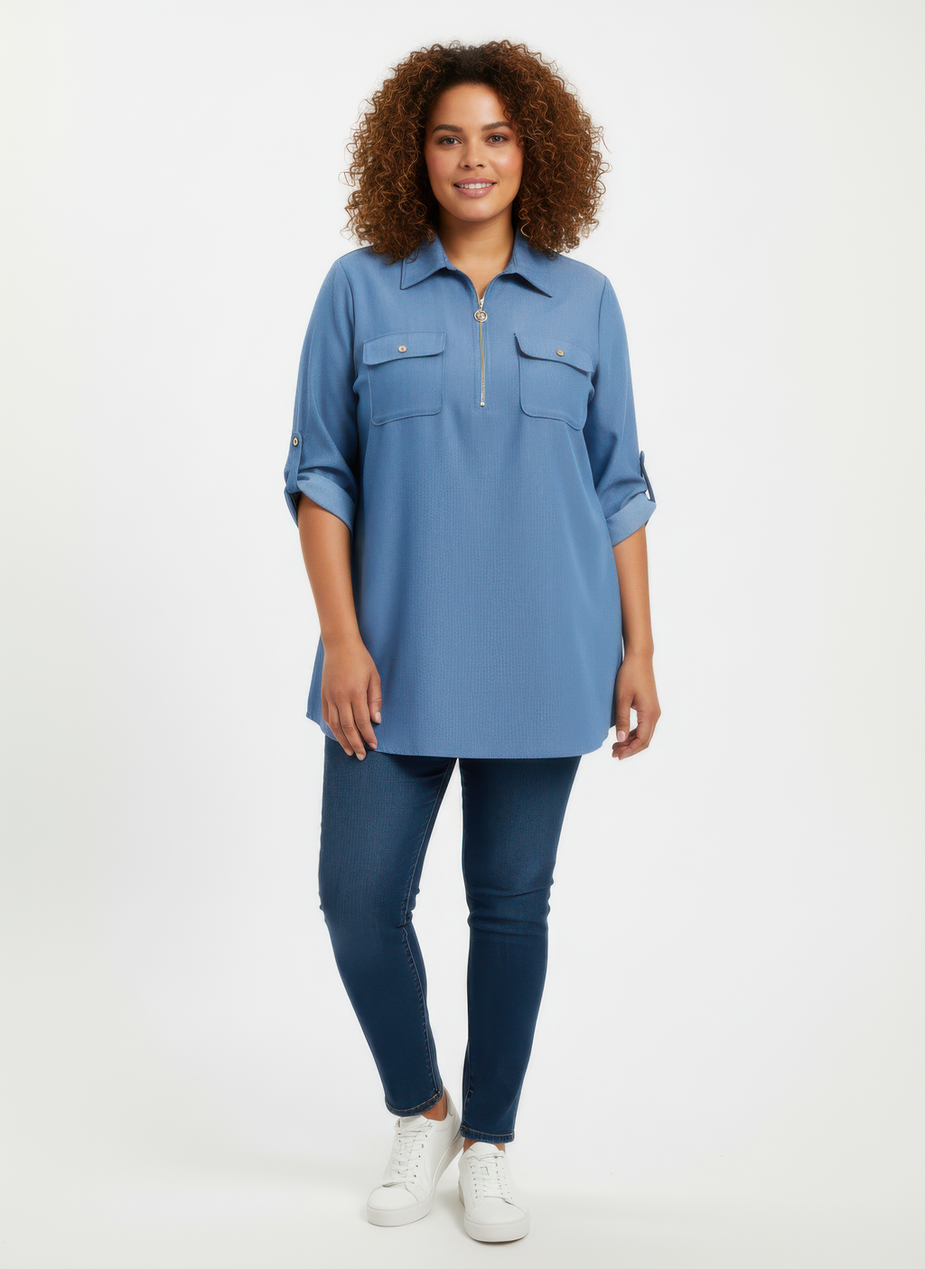 Zip Front Utility Pocket Tunic Blouse - Tigbul's Variety Fashion Shop