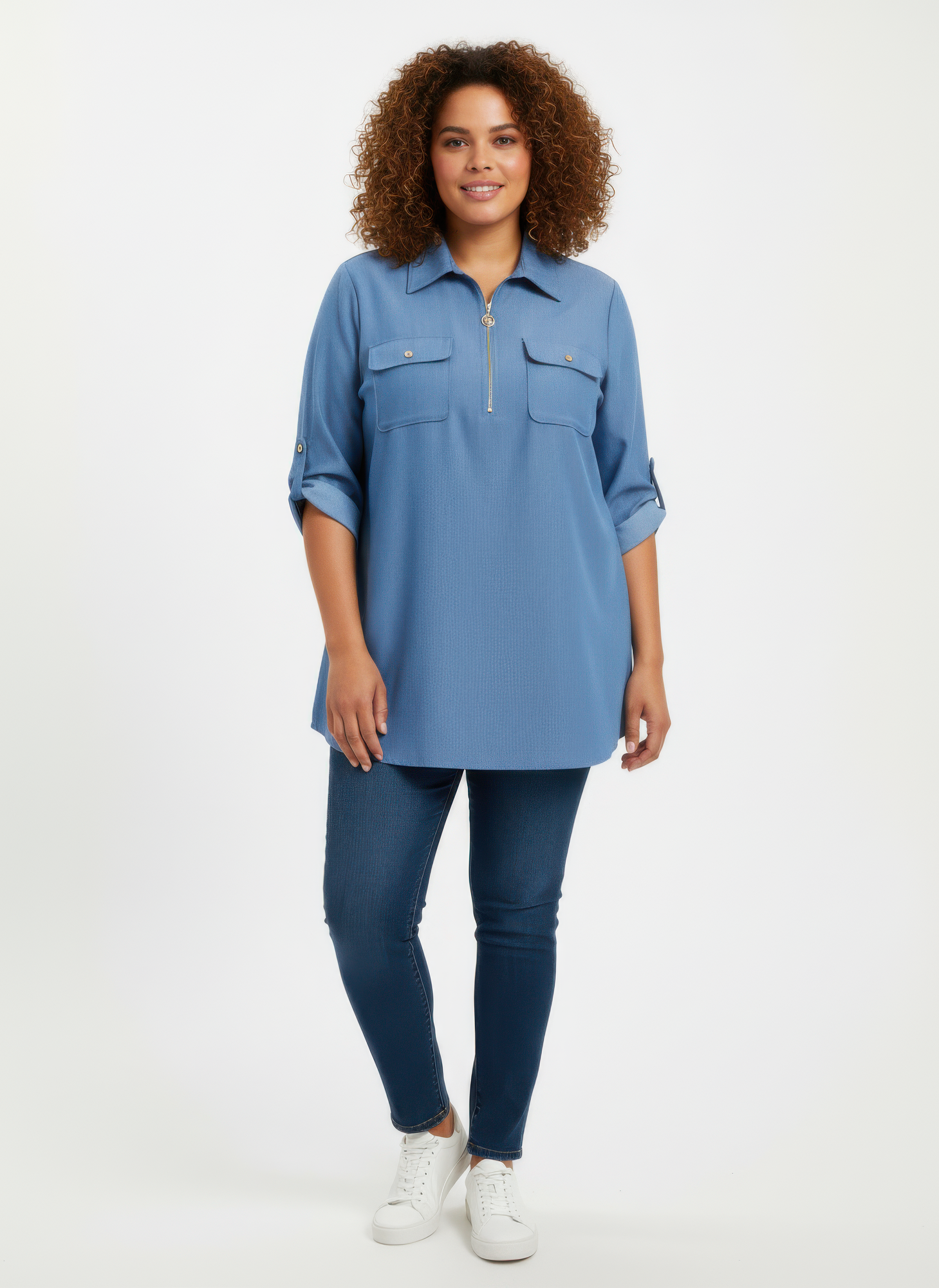 Zip Front Utility Pocket Tunic Blouse - Tigbul's Variety Fashion Shop