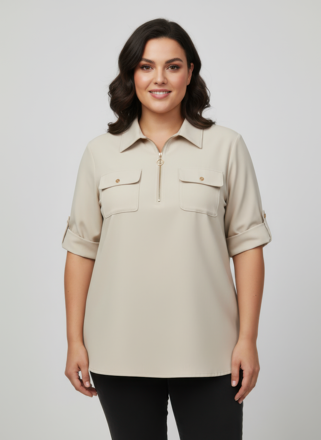 Zip-front utility pocket tunic blouse, beige color, half sleeves and collared neckline