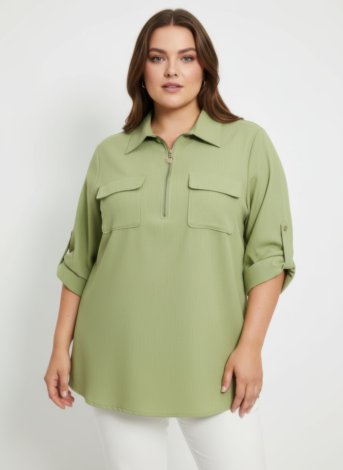 Zip Front Utility Pocket Tunic Blouse - Tigbul's Variety Fashion Shop