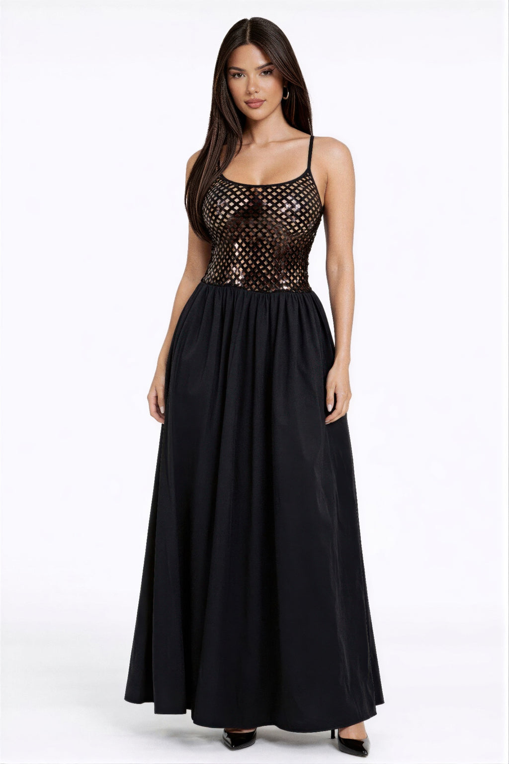 Netted sequin maxi dress with spaghetti straps, fitted bodice and full black skirt