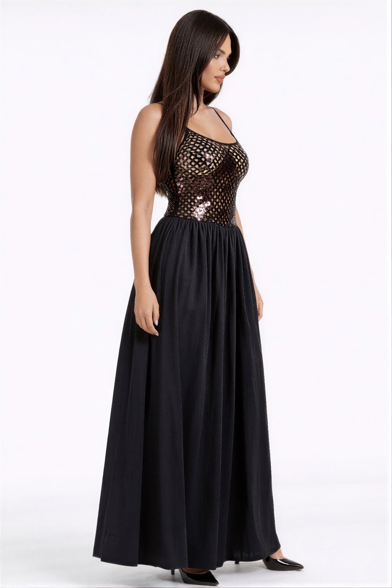 Black netted sequin maxi dress, spaghetti straps and flowing pleated skirt
