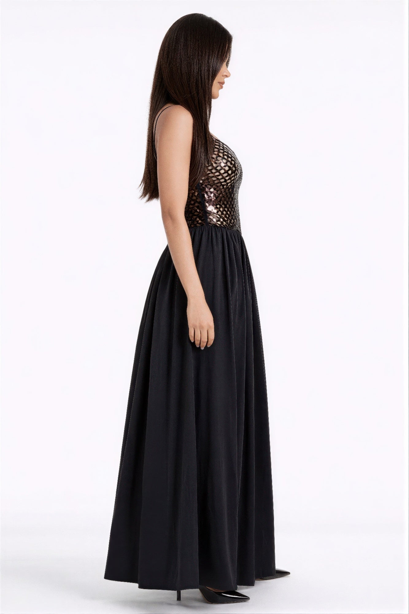 Netted sequin maxi dress, sleeveless black bodice with full-length gathered skirt